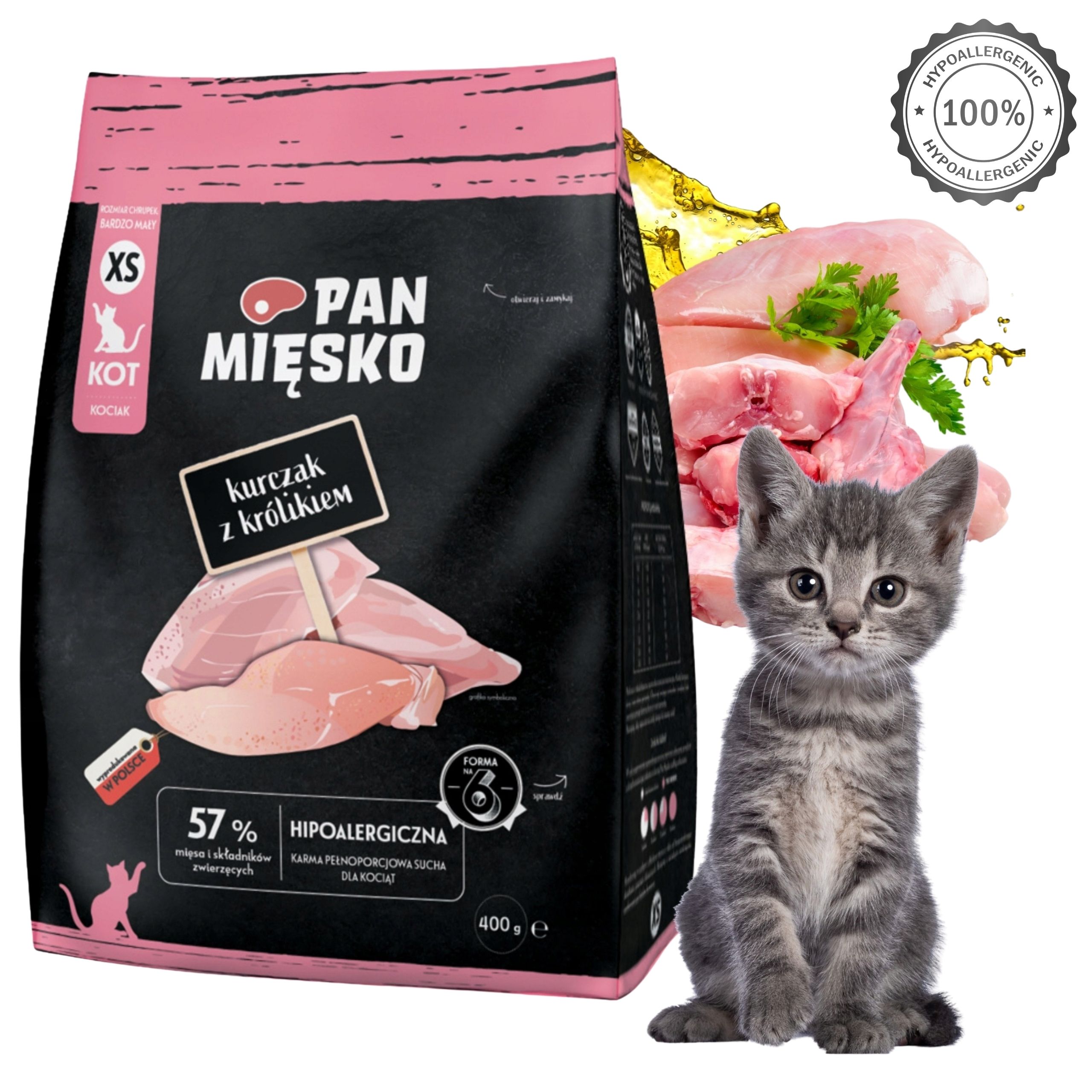 sucha karma dla kota kurczak królik pan mięsko hipoalergiczna kotek xs 400g