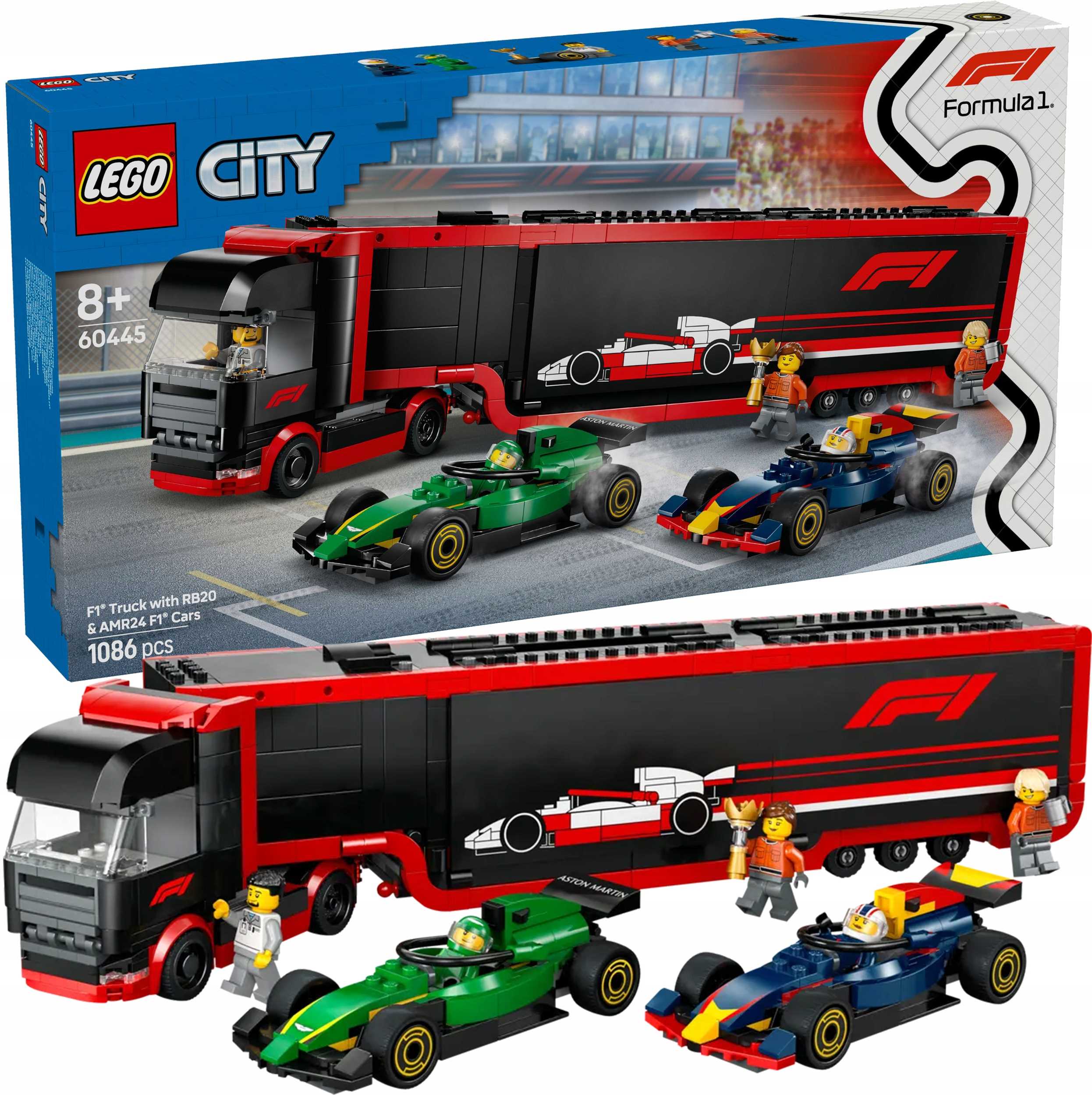 60445 - lego city - f1® ciężarówka z bolidami rb20 i amr24 f1®