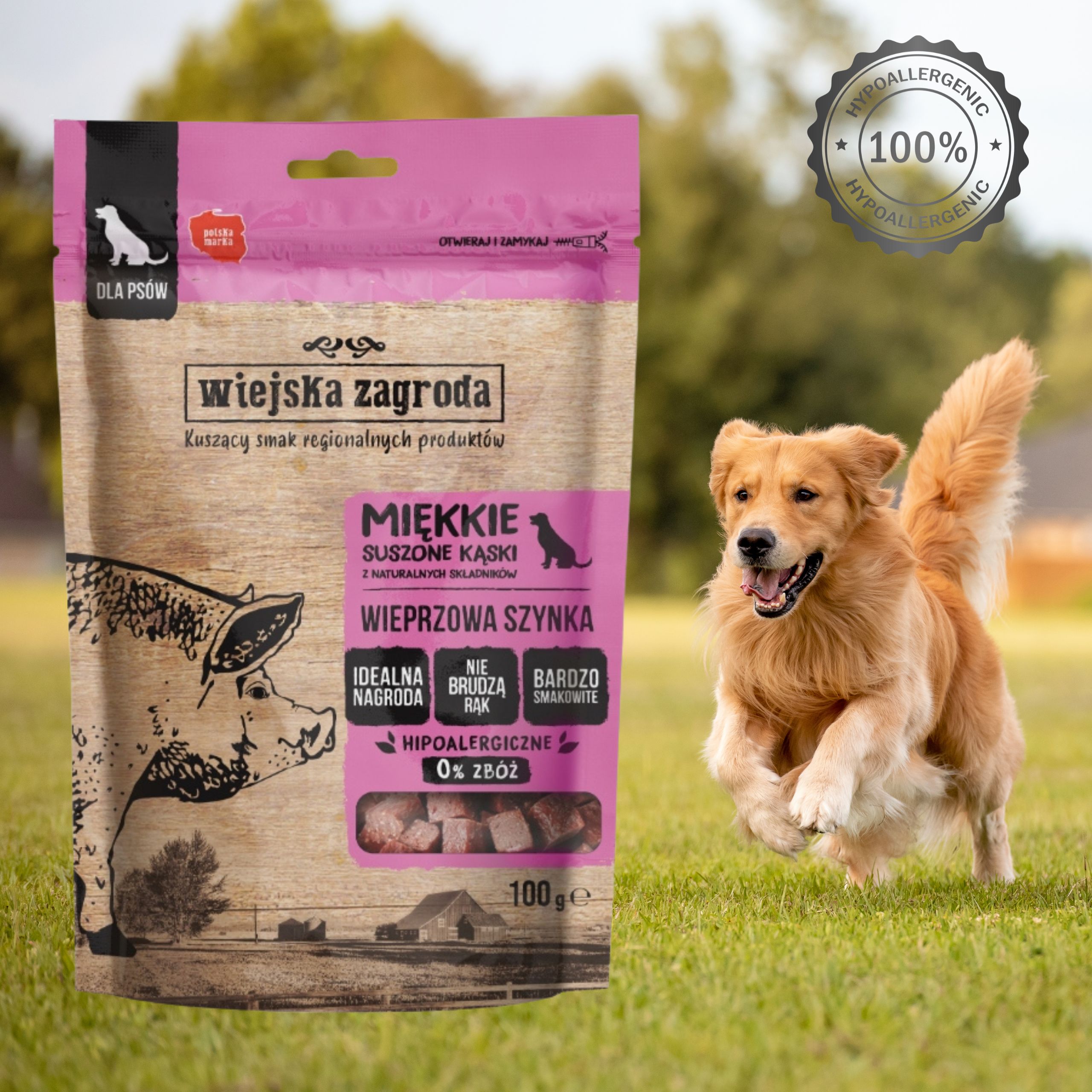 przysmaki dla psa wiejska zagroda suszone kąski wieprzowa szynka 100g