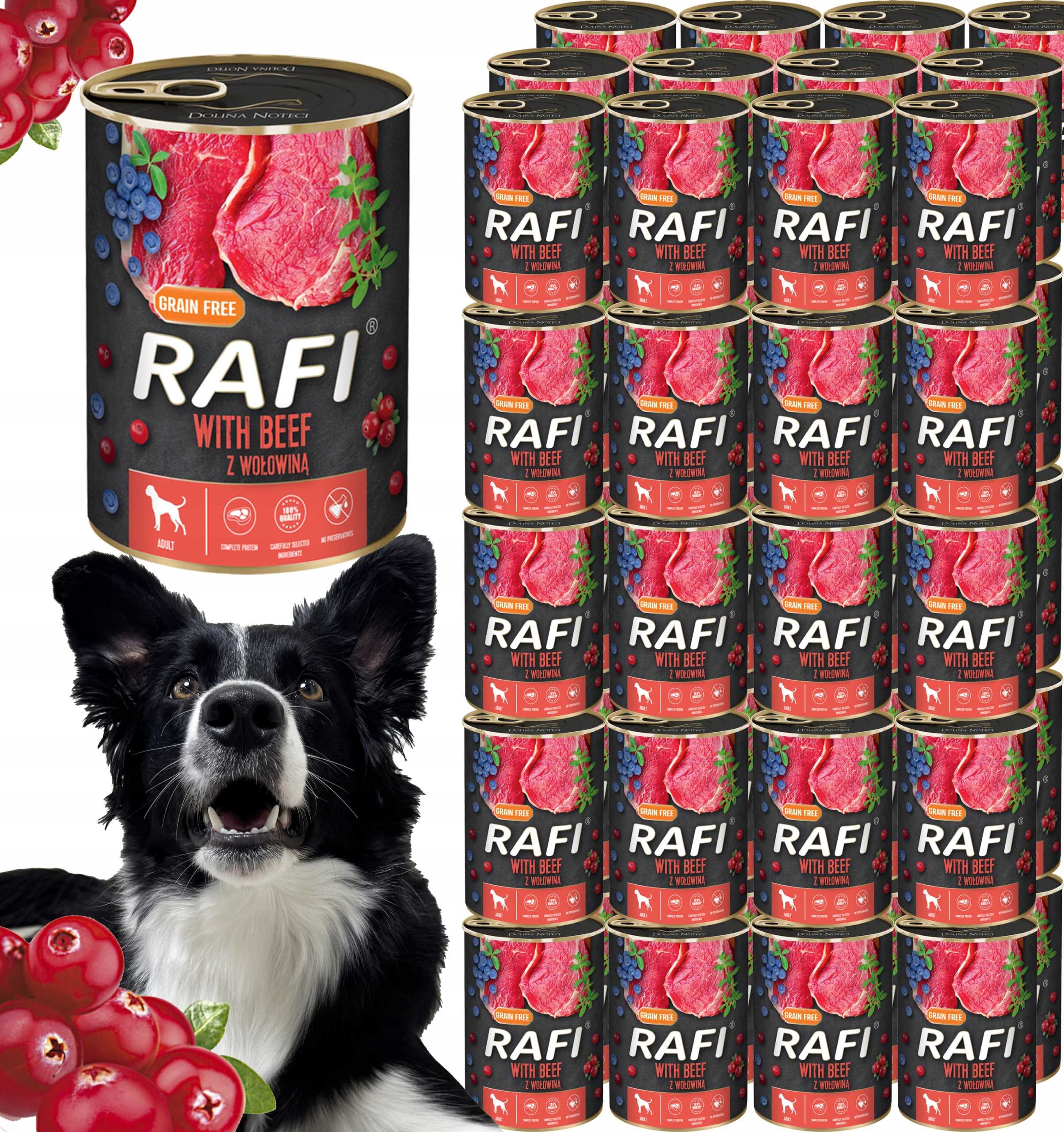 karma mokra dla psów rafi z wołowiną, borówką i żurawiną 400g - 48 szt.