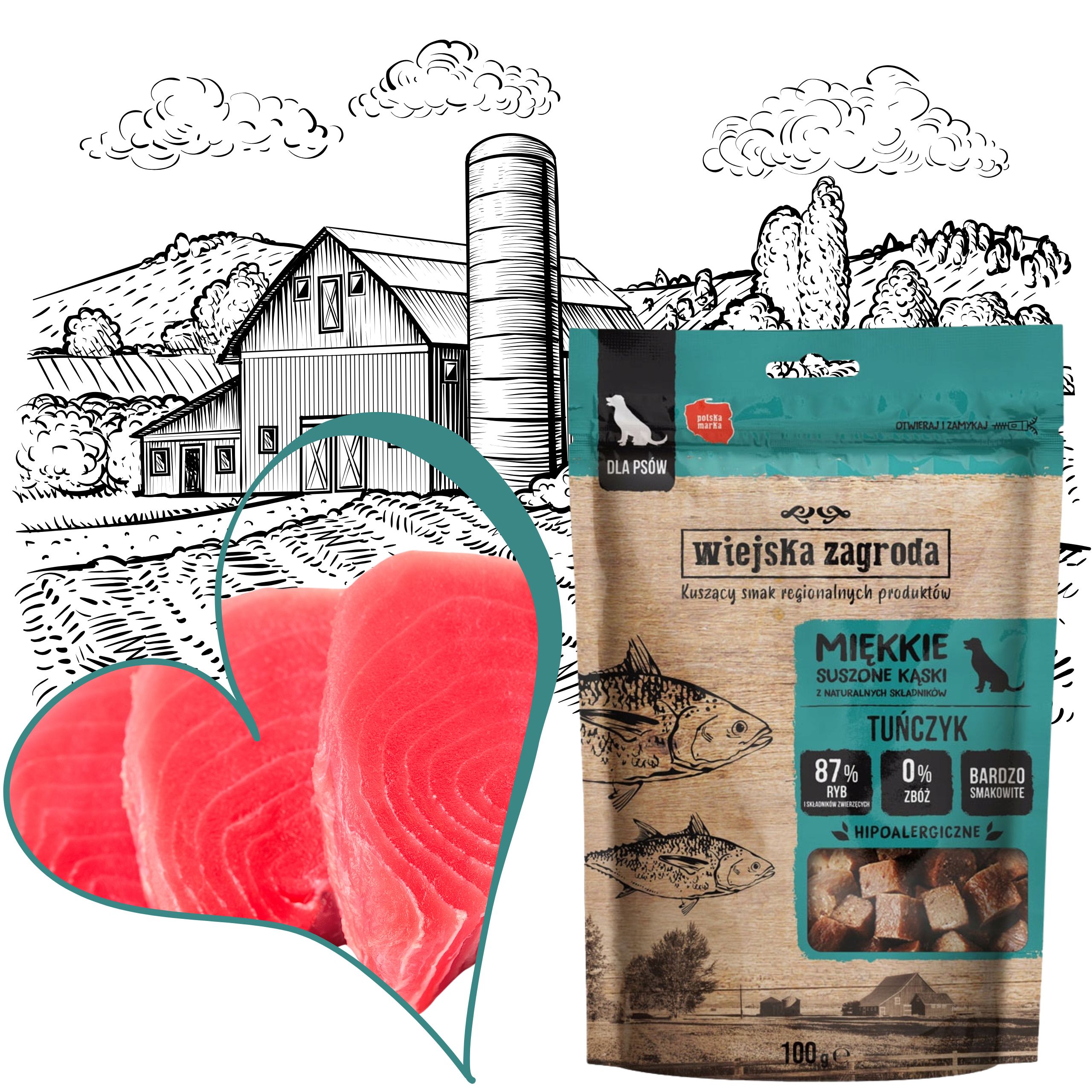 przysmaki dla psa wiejska zagroda miękkie suszone kąski tuńczyk 100g