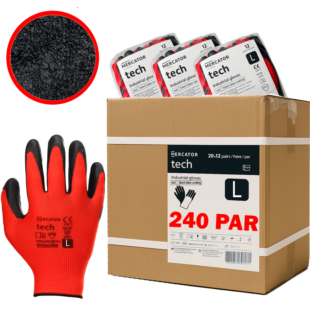 rękawice robocze mercator tech red+black latex - l - 240 par