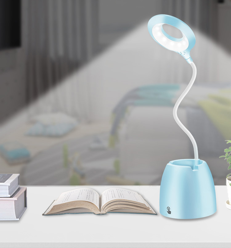 lampka biurkowa niebieska z pojemnikiem