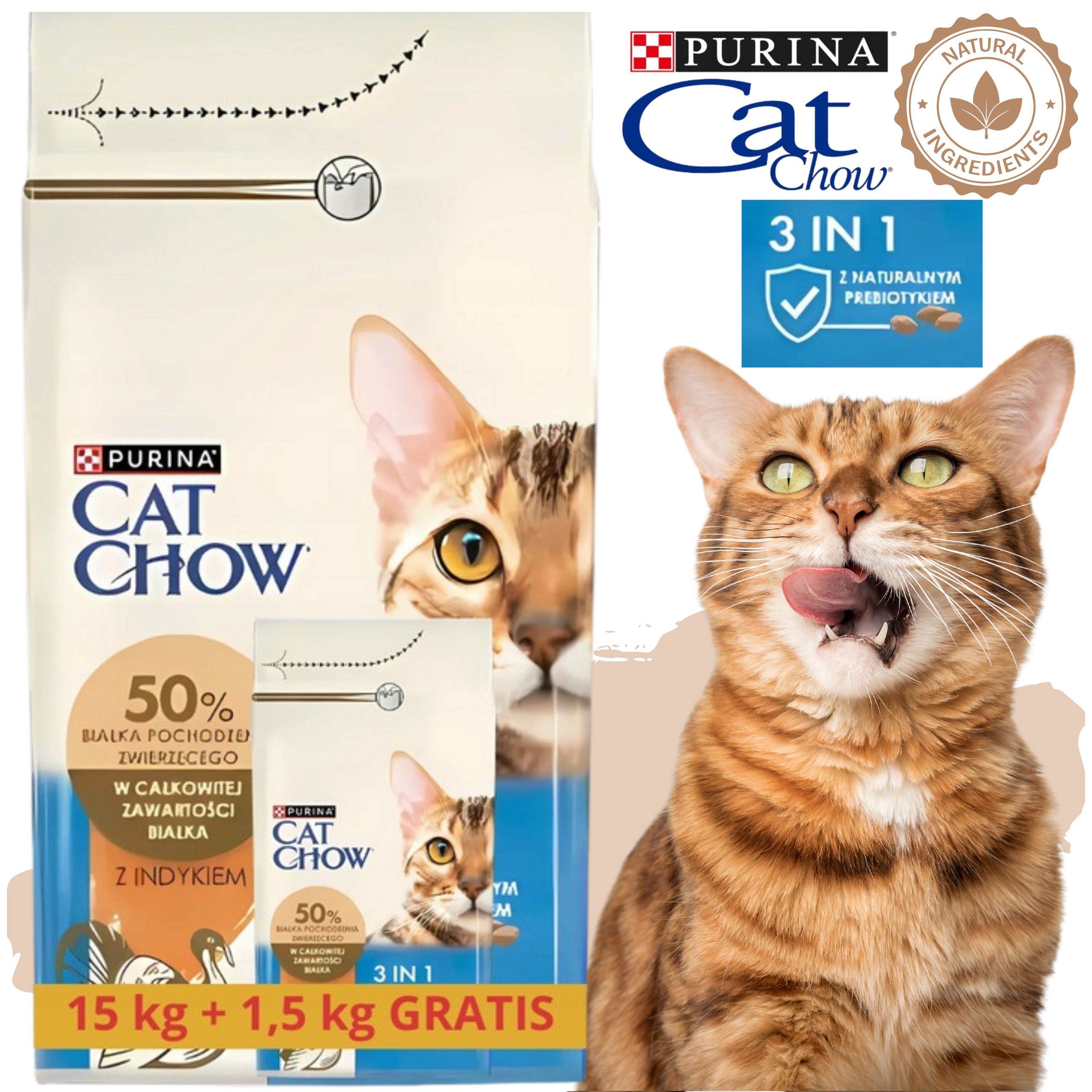 sucha karma dla kota cat chow 3w1 indyk z prebiotykiem 15 kg + 1.5kg gratis