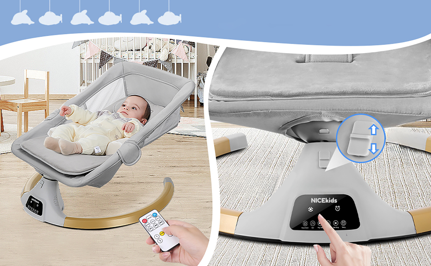 leżaczek dla niemowląt bujaczek elektryczny nicekids + pilot bluetooth