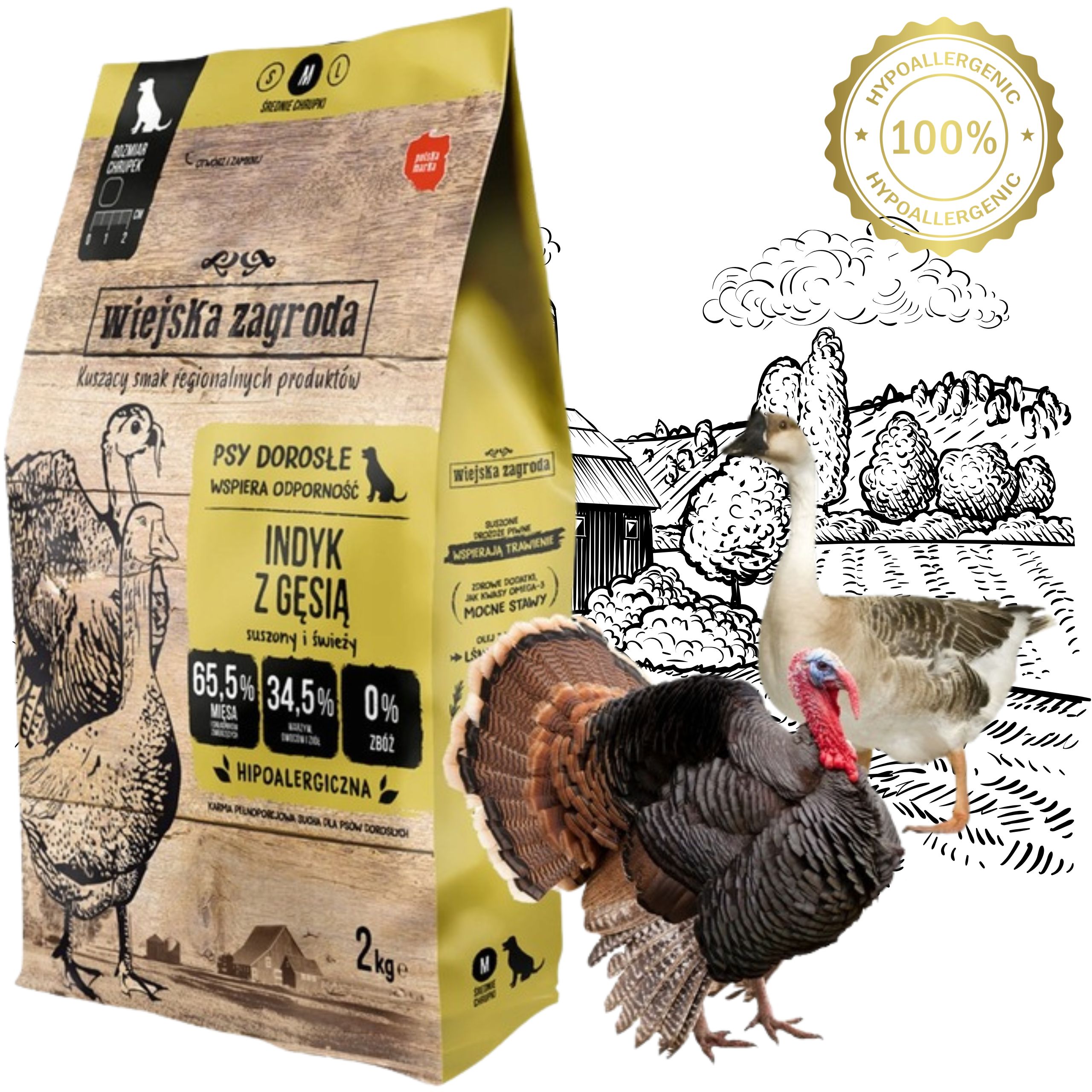 sucha karma dla psa indyk z gęsiną m 2kg wiejska zagroda hipoalergiczna