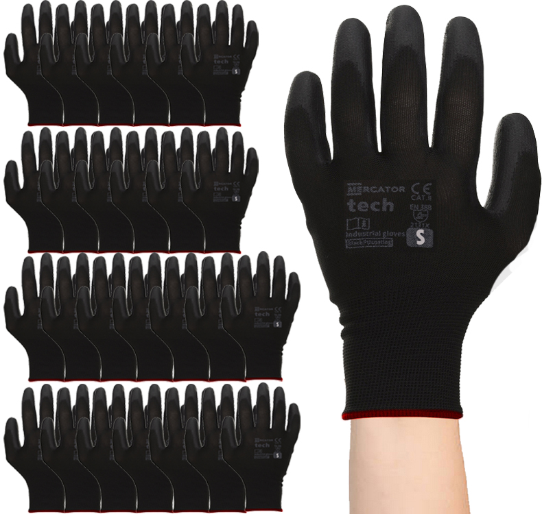 rękawice robocze mercator tech black+black pu - s - 120 par