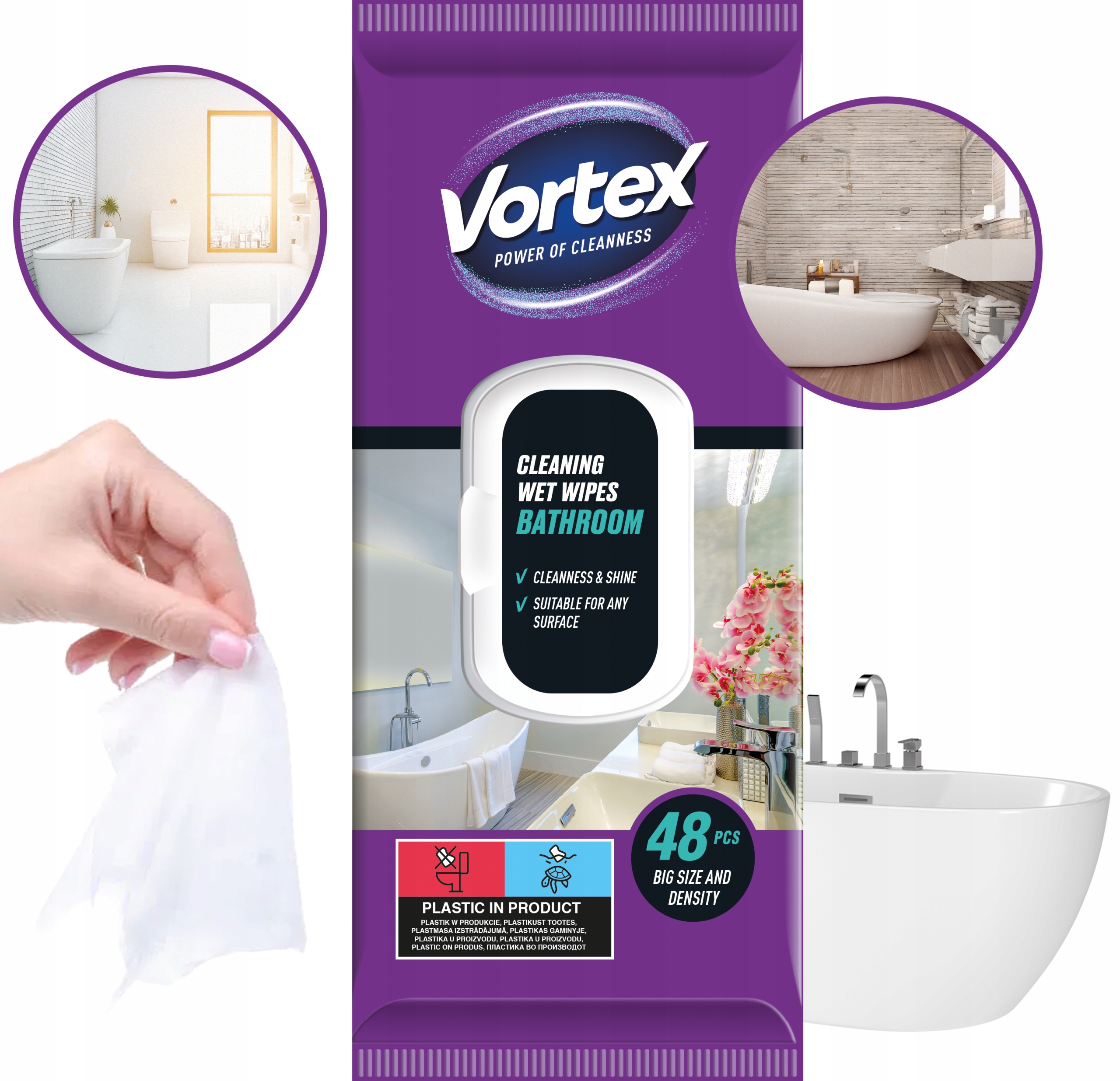 vortex chusteczki nawilżane do łazienki, flip top, 48 sztuk