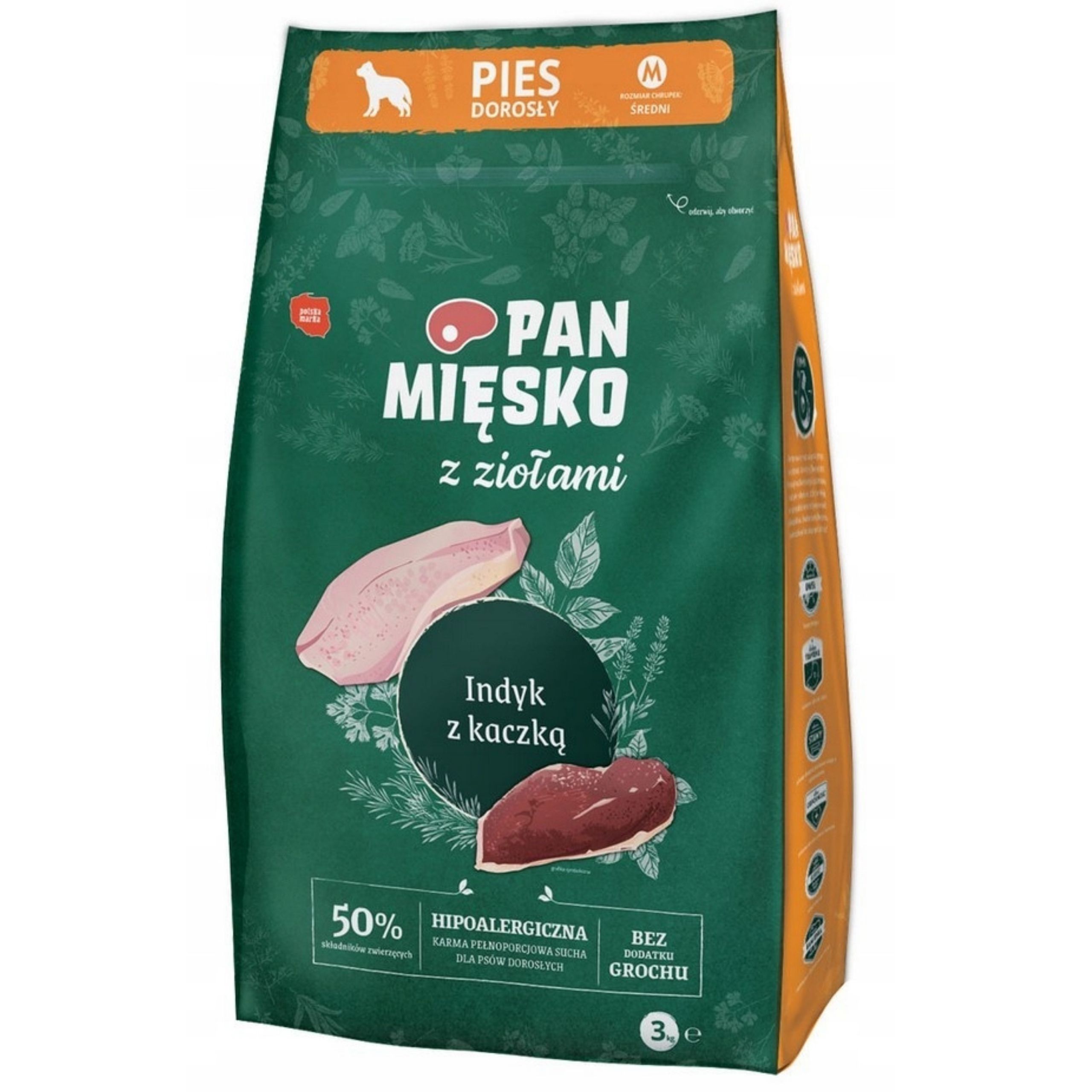 sucha karma dla psa indyk kaczka z ziołami pan mięsko hipoalergiczna m 3kg
