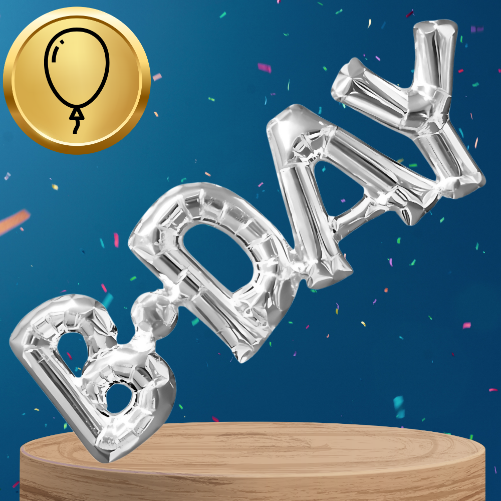 balon foliowy ogromny napis b-day srebrny urodziny 66 cm x 22 cm