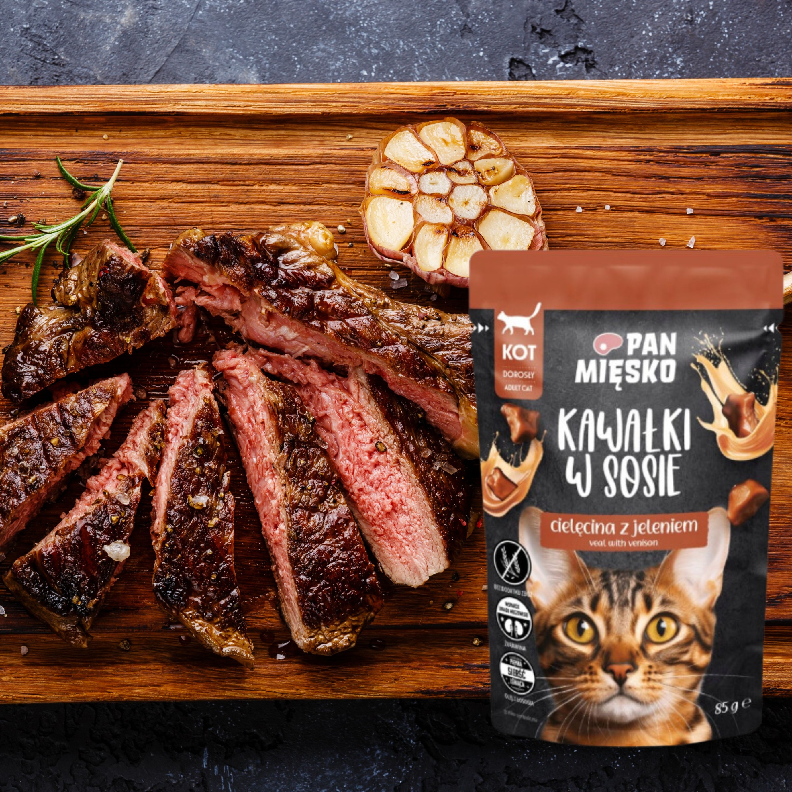 karma mokra dla kota kawałki mięsa cielęcina jeleń pan mięsko 85g bez zbóż