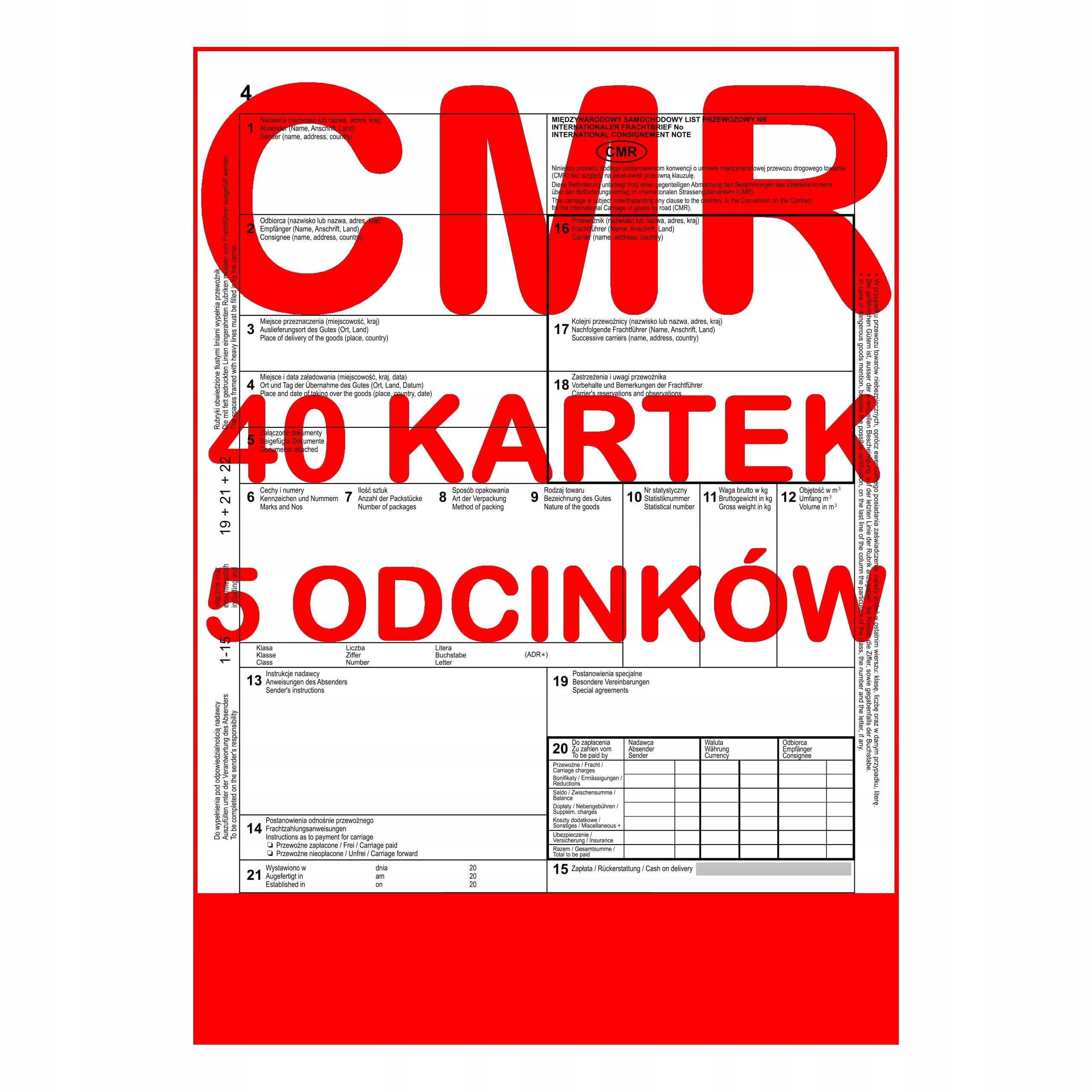 cmr list przewozowy 40 kartek - 5 odcinków - 8 kompletów
