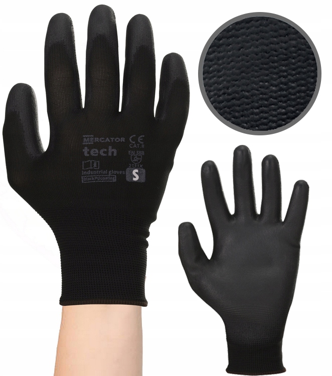 rękawice robocze mercator tech black+black pu - s - 1 para