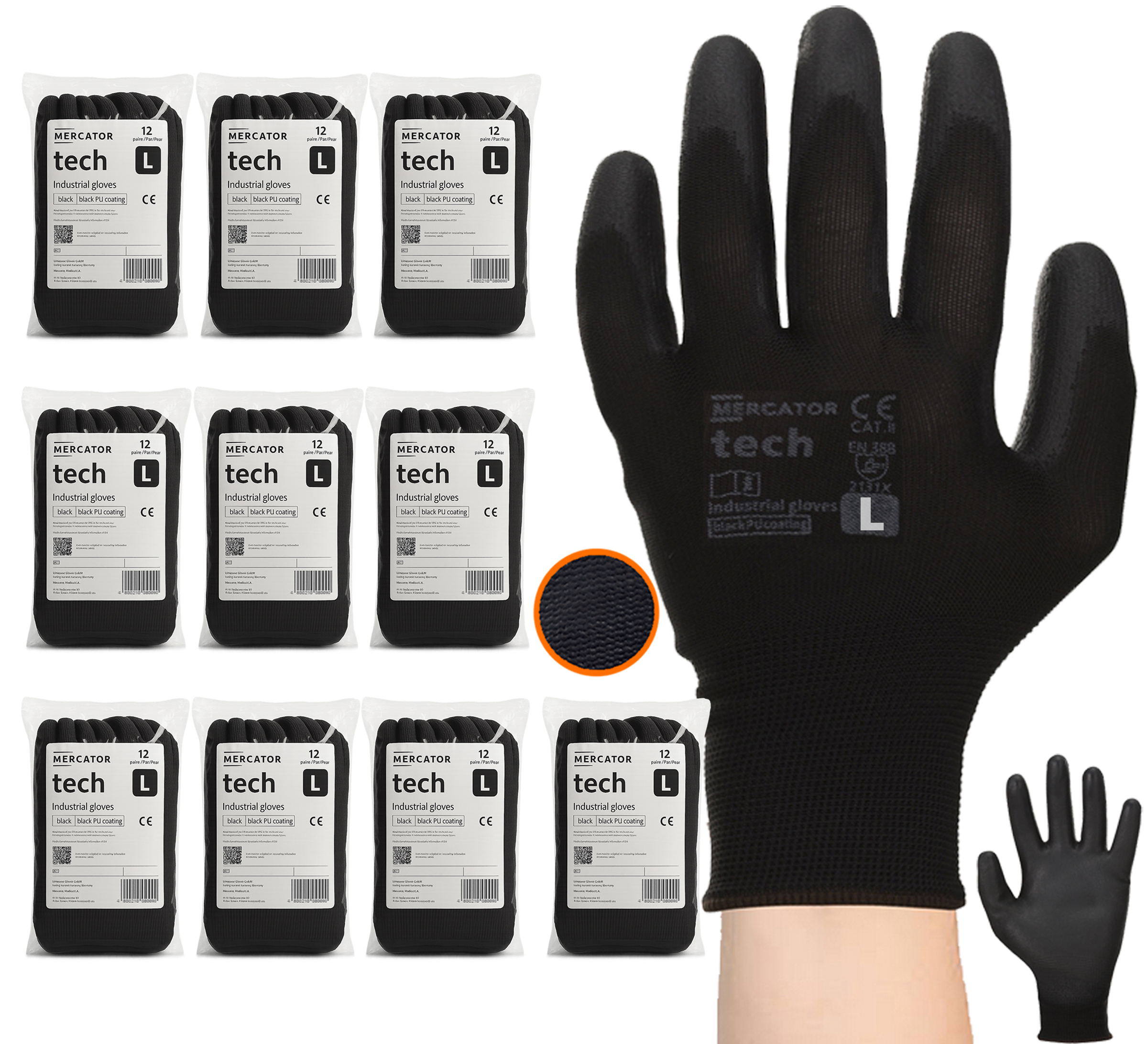 rękawice robocze mercator tech black+black pu - l - 120 par