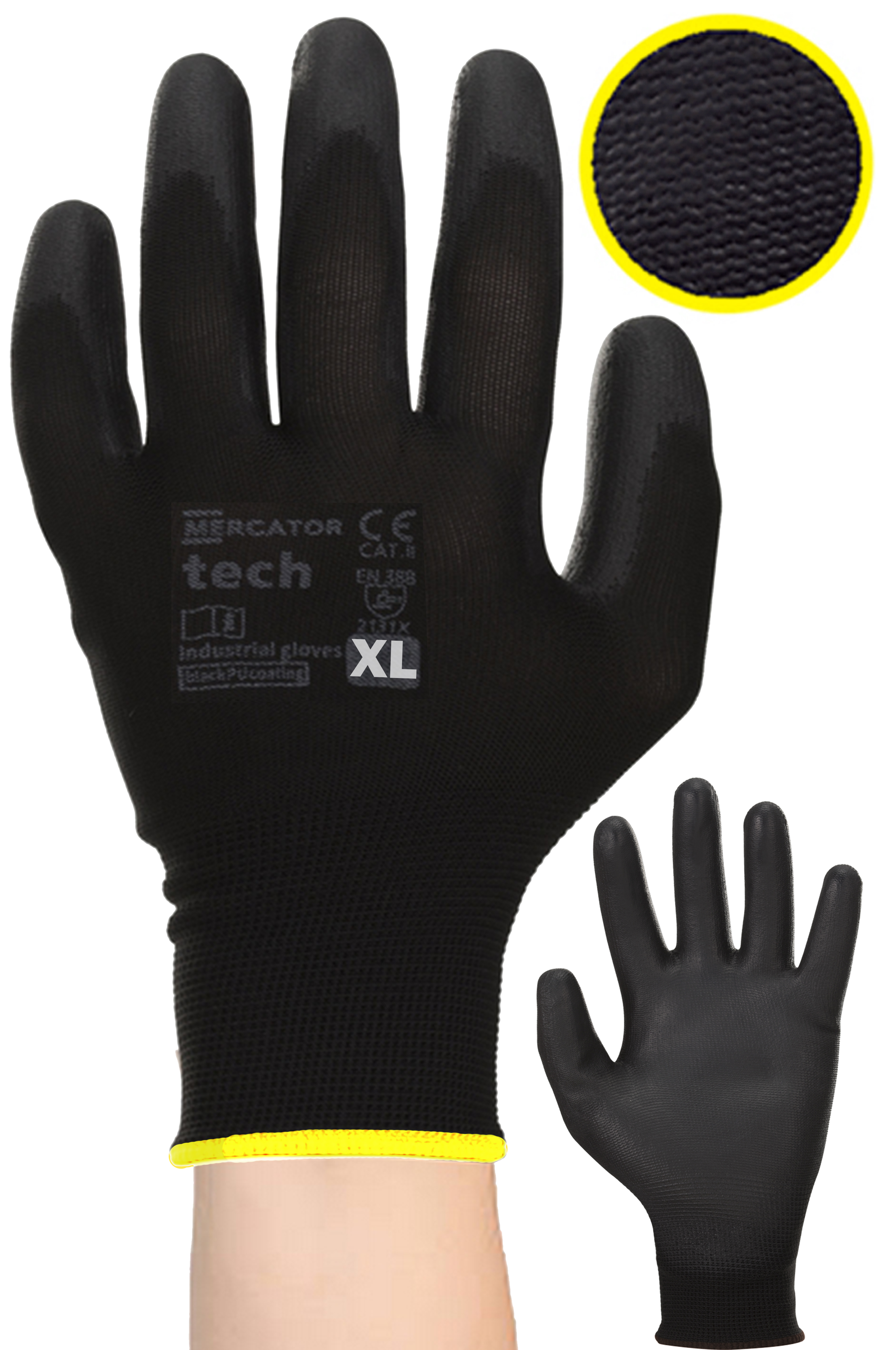 rękawice robocze mercator tech black+black pu - xl - 120 par