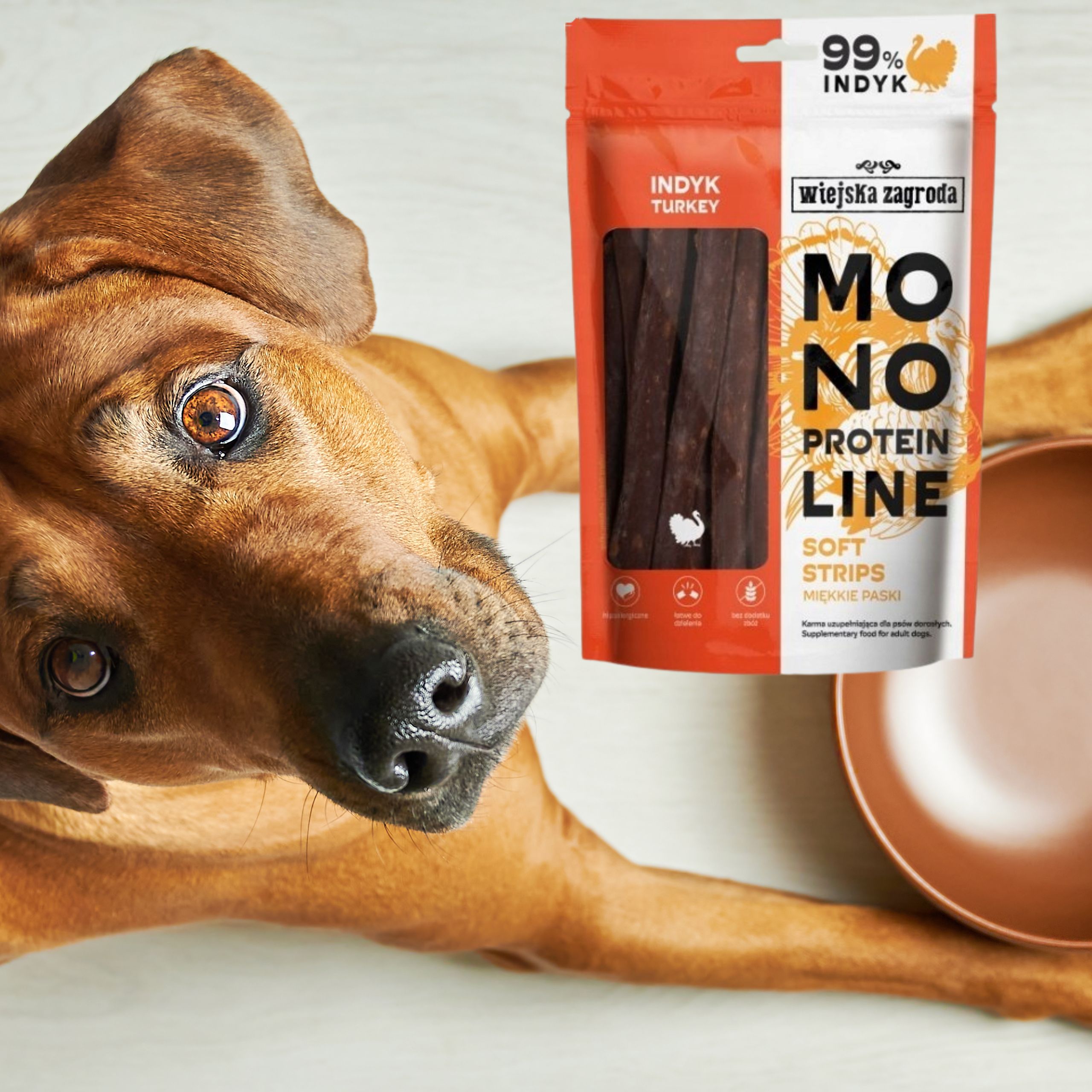 przysmaki dla psa indyk monoproteinowe miękkie paski wiejska zagroda 100g