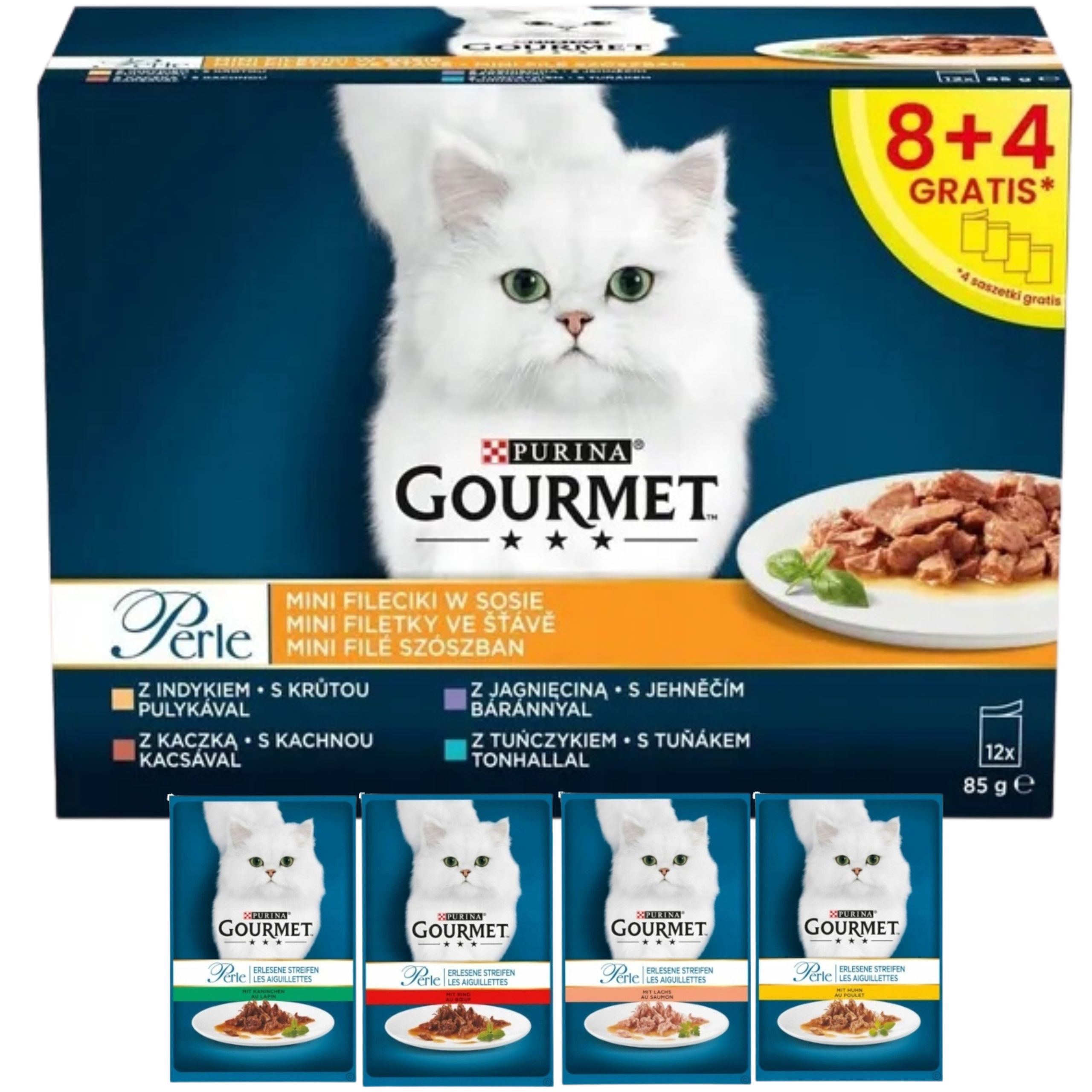 karma mokra dla kota gourmet perle fileciki w sosie kaczka i mix 12 x 85g