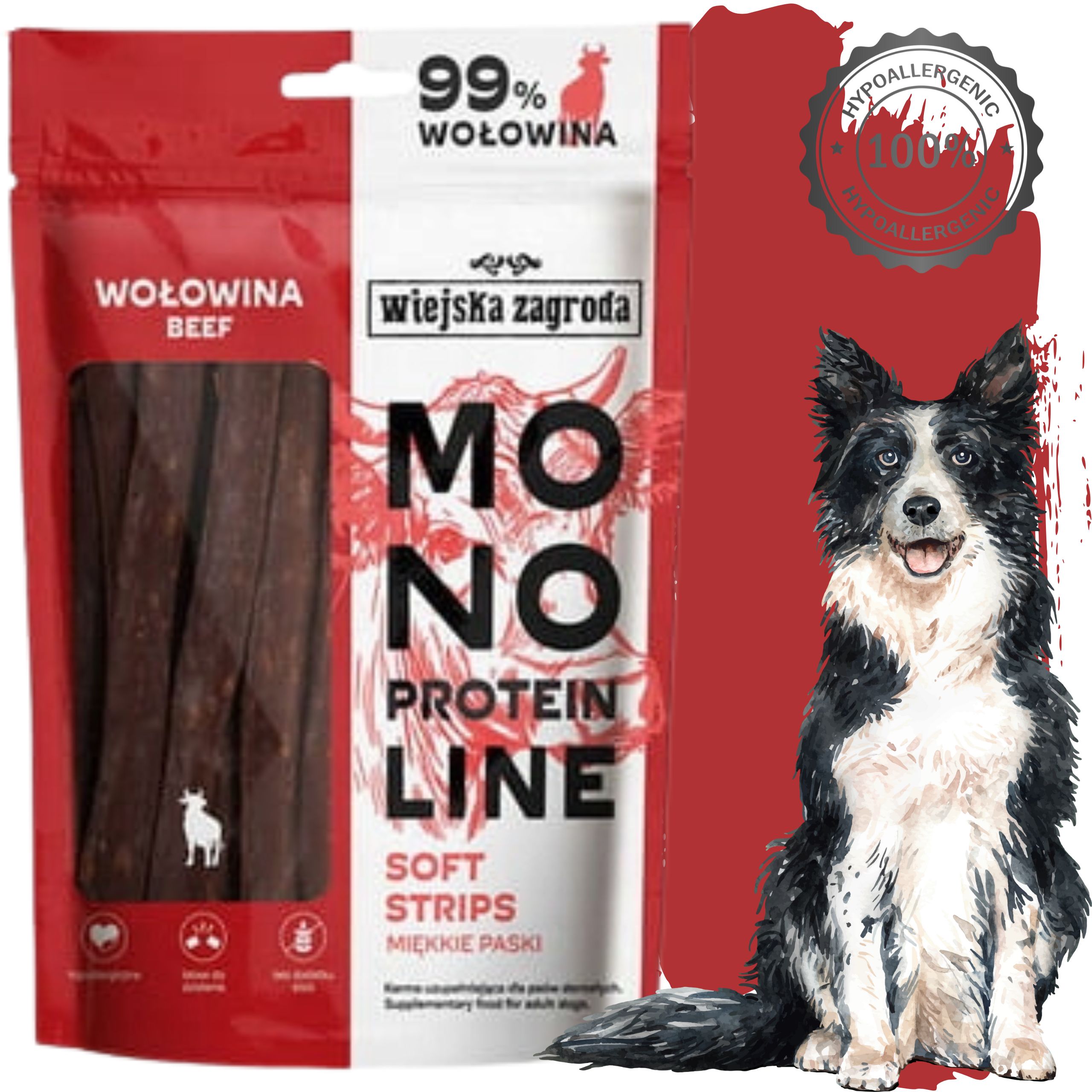 przysmak dla psa wołowina monoproteinowe miękkie paski wiejska zagroda 100g