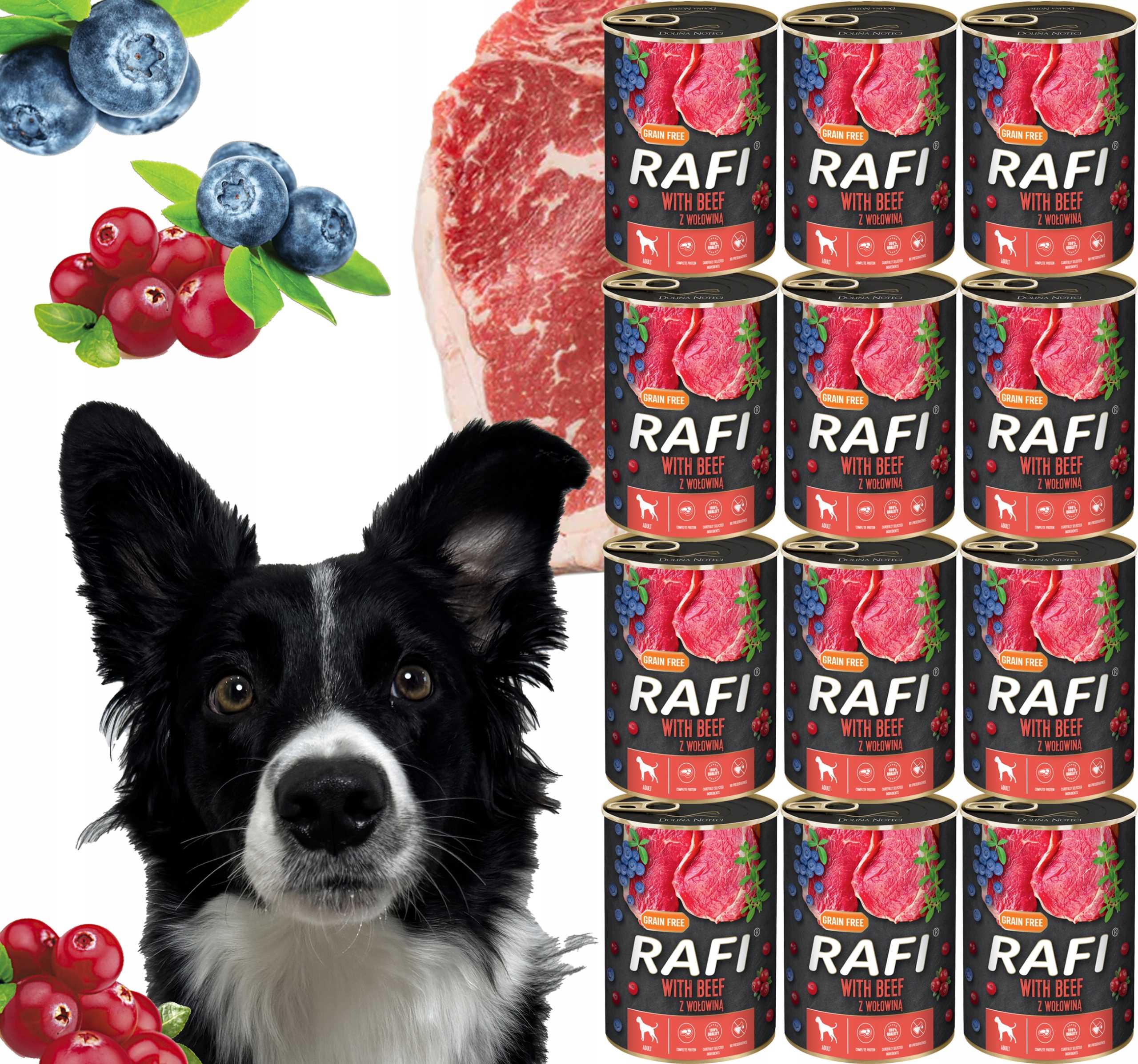 karma mokra dla psów rafi z wołowiną, borówką i żurawiną 400g - 12 szt.