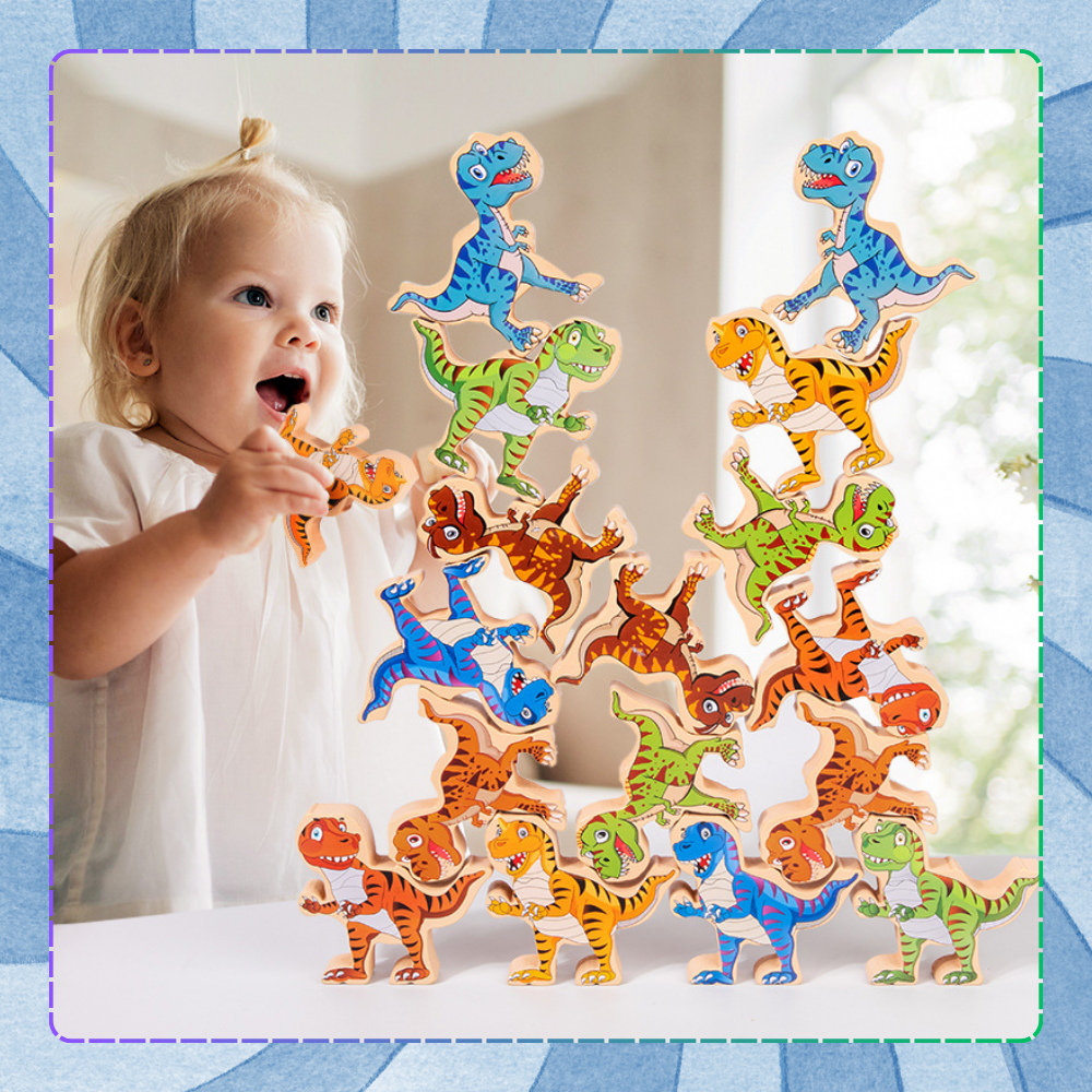 gra zręcznościowa logiczna klocki balansujące dinozary t-rex wieża