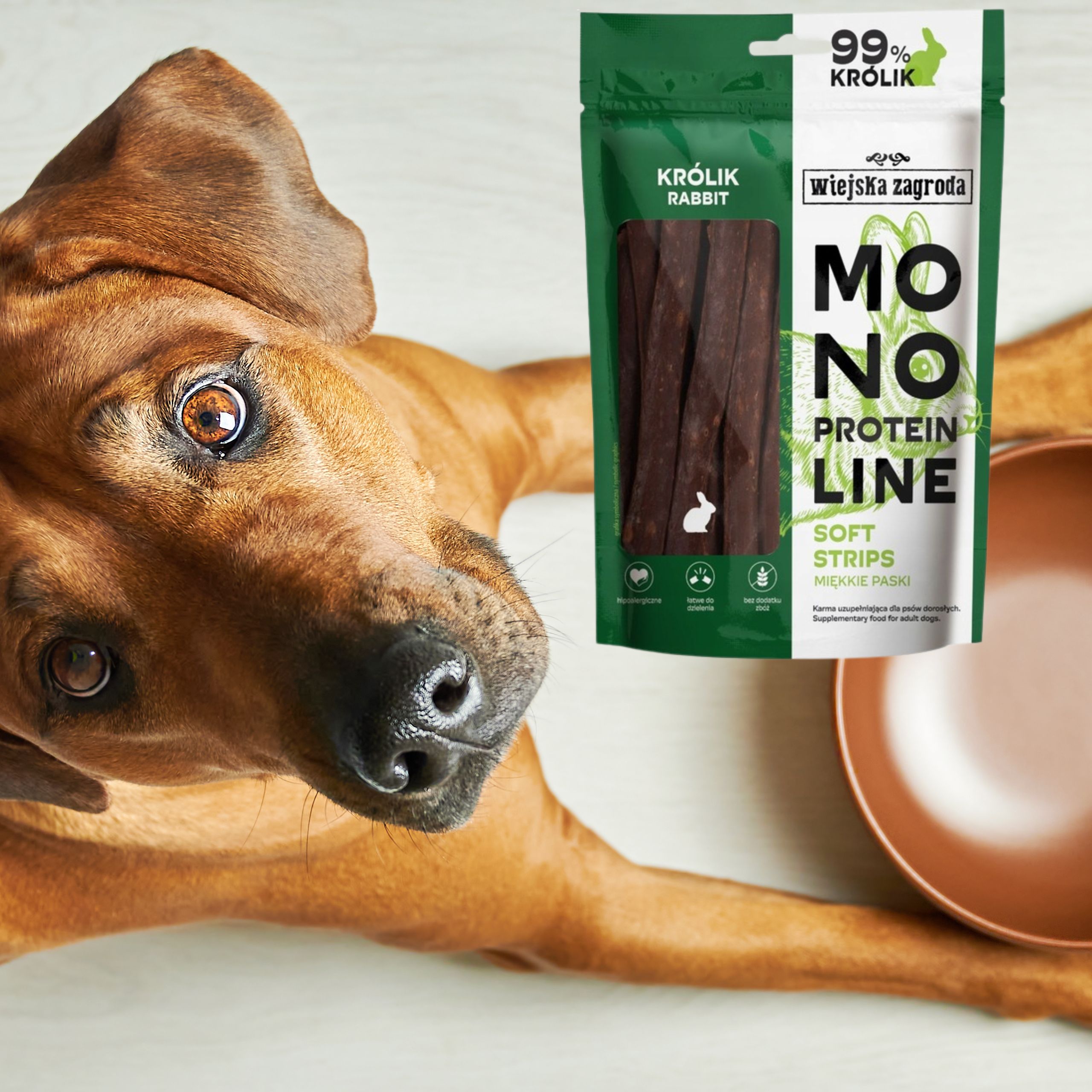 przysmaki dla psa królik monoproteinowe miękkie paski wiejska zagroda 100g
