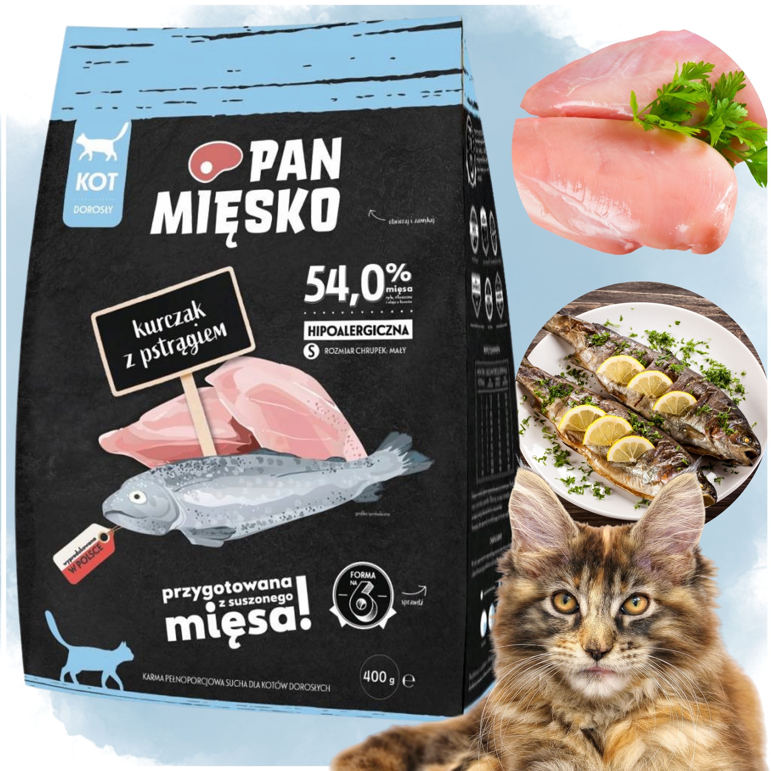 sucha karma dla kota kurczak z pstrągiem pan mięsko hipoalergieczna s 400g