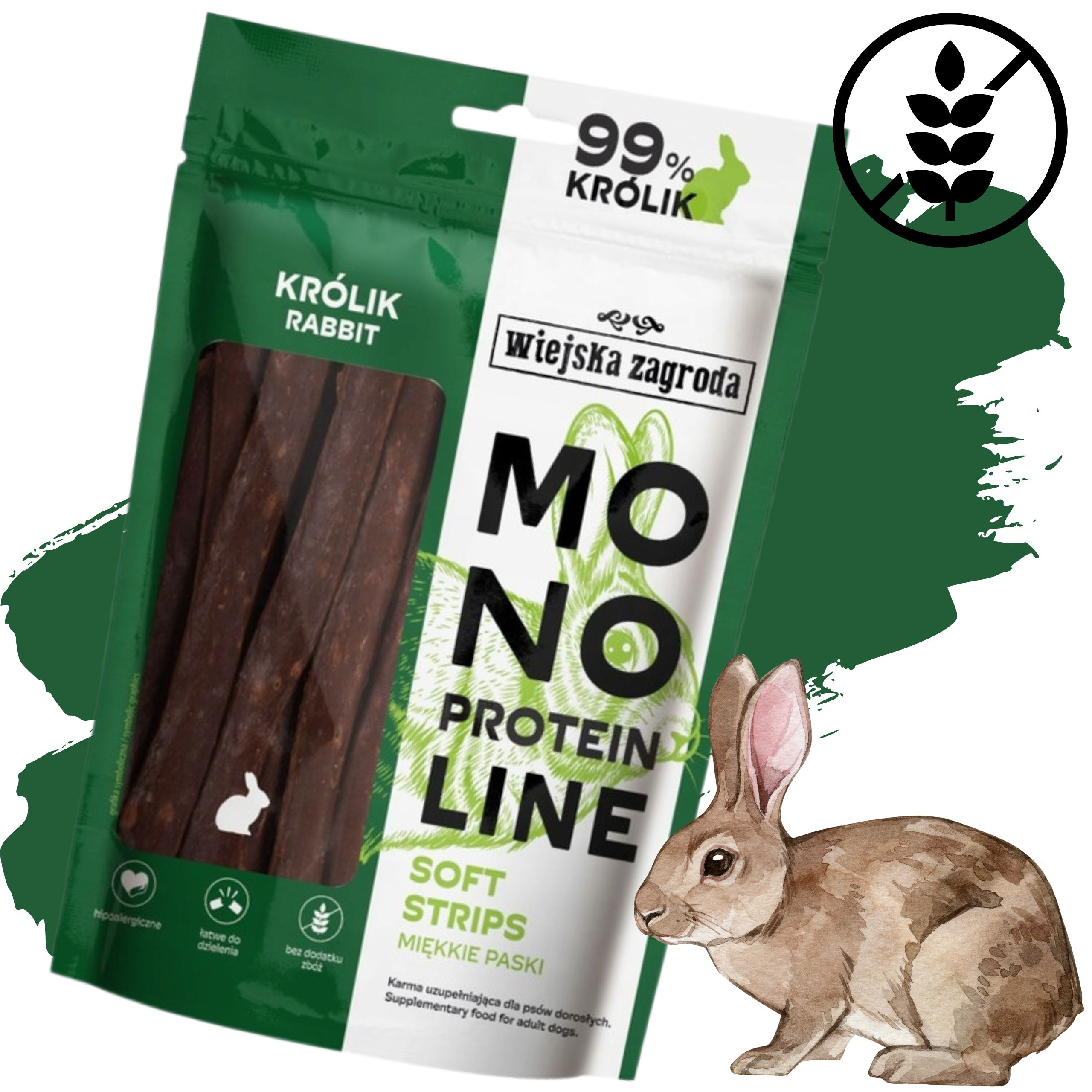 przysmaki dla psa królik monoproteinowe miękkie paski wiejska zagroda 100g