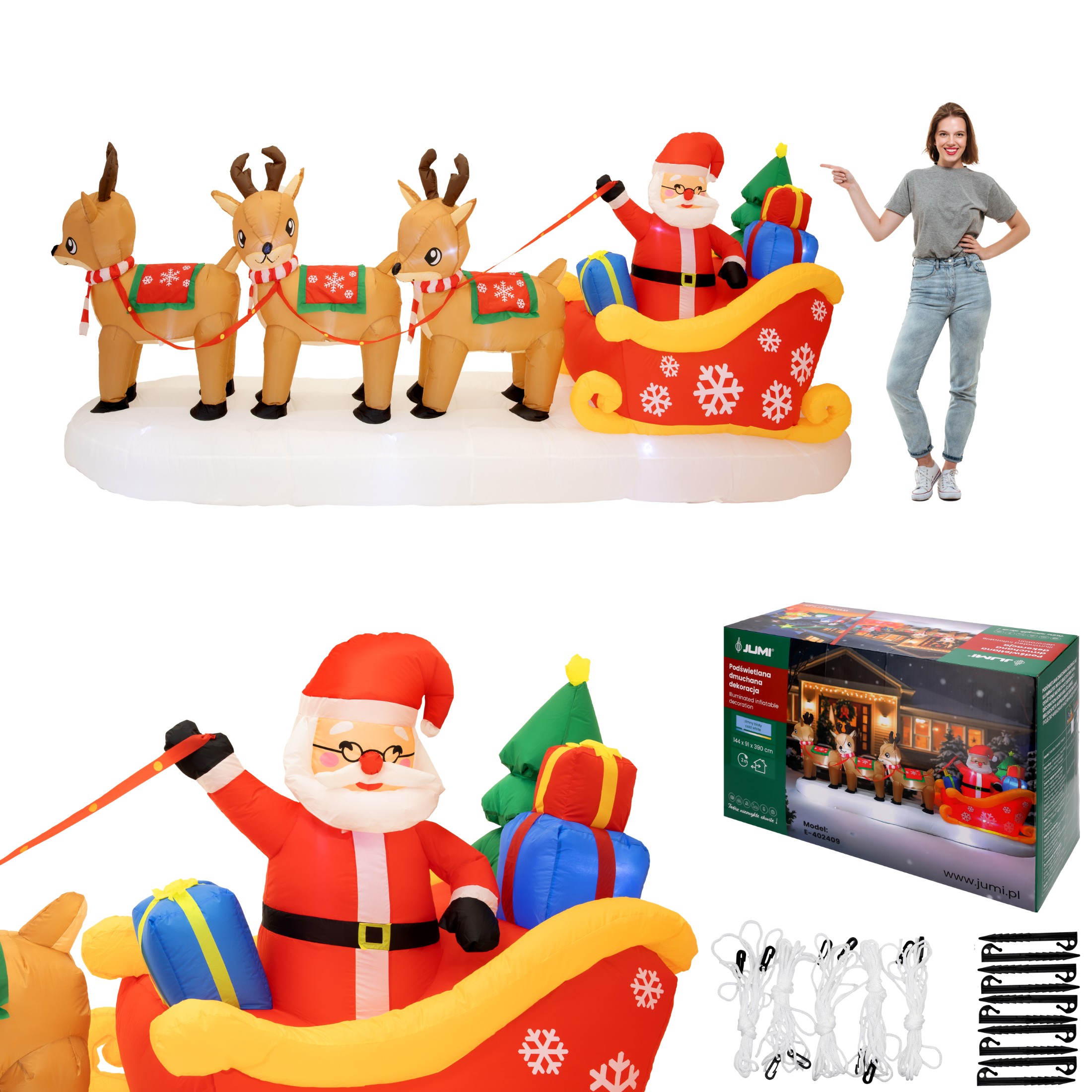 mikołaj nadmuchiwany dekoracja świąteczna sanie renifer dmuchaniec jumihome