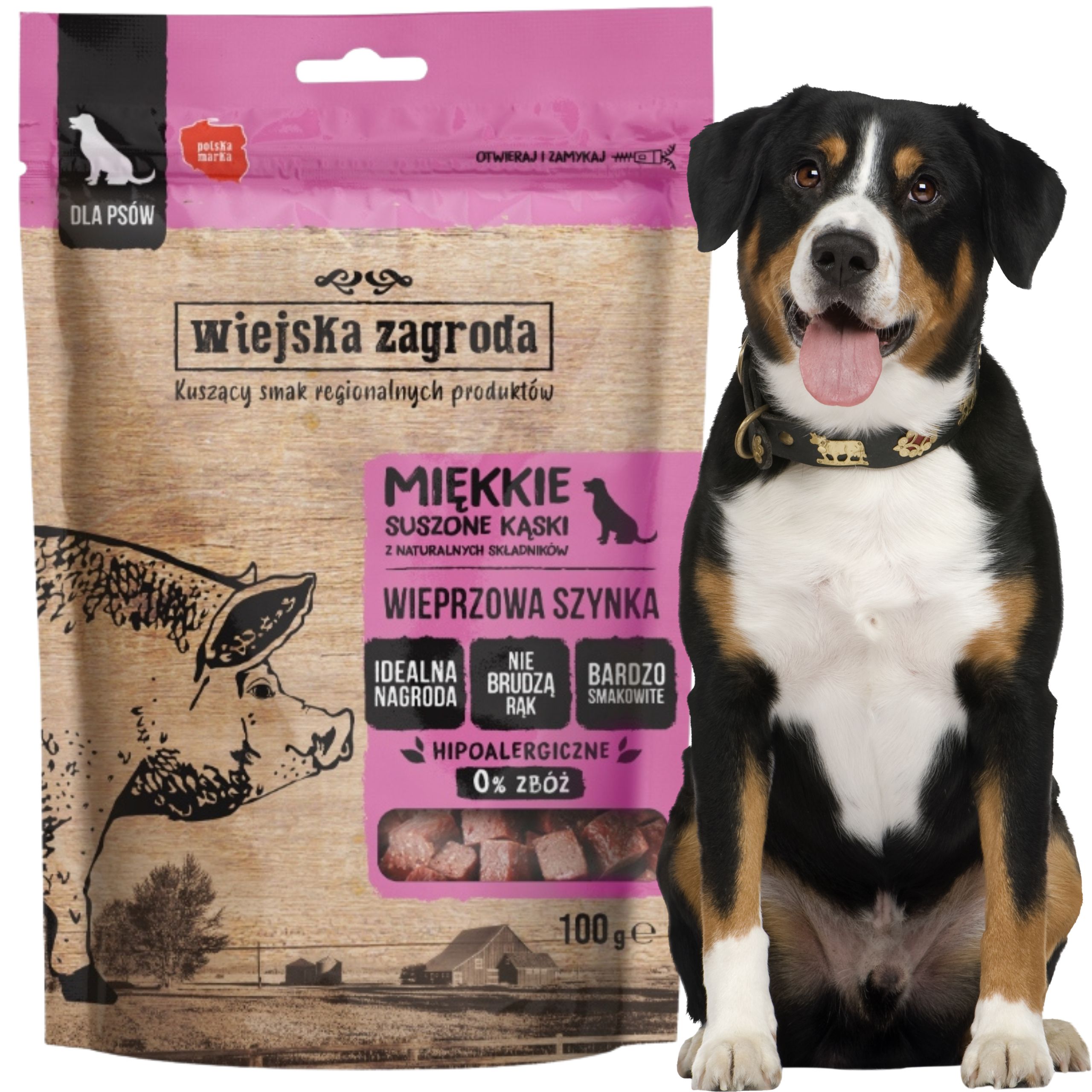 przysmaki dla psa wiejska zagroda suszone kąski wieprzowa szynka 100g