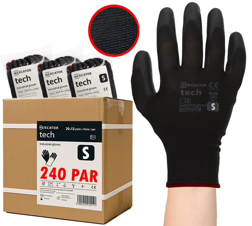 rękawice robocze mercator tech black+black pu - s - 240 par