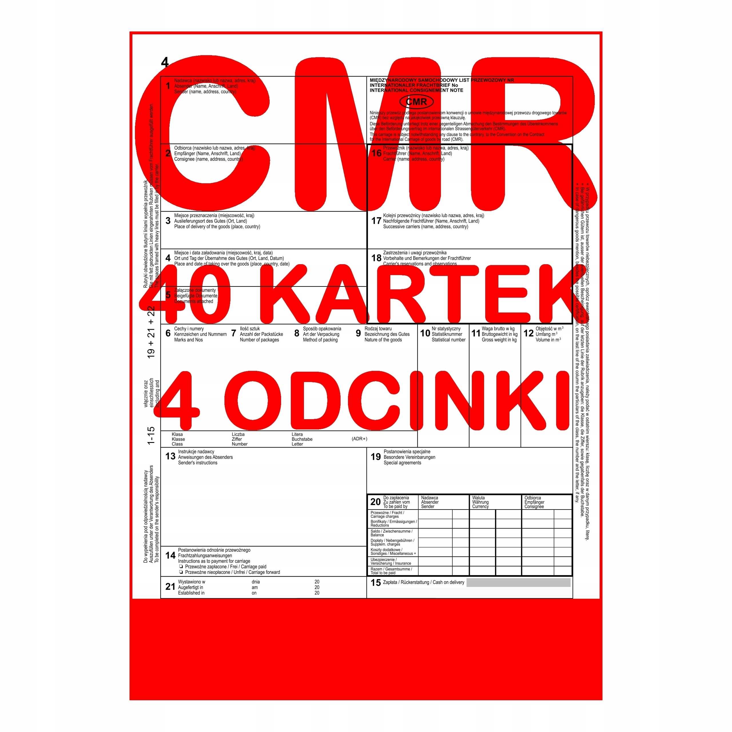 cmr list przewozowy 40 kartek - 4 odcinki - 10 kompletów