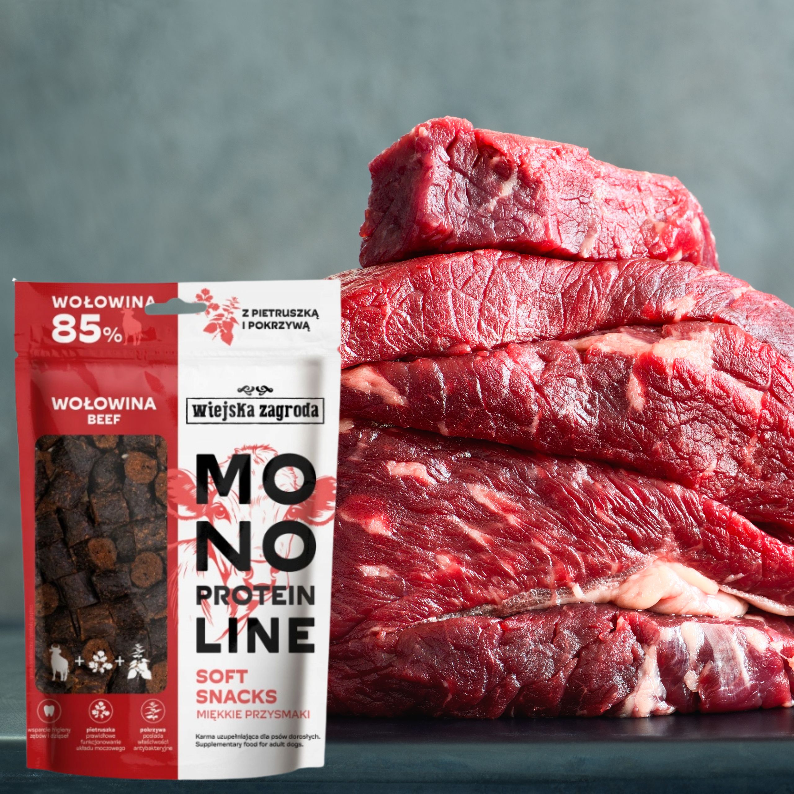 przysmaki dla psa wołowina monoproteinowe smakołyki wiejska zagroda 115g