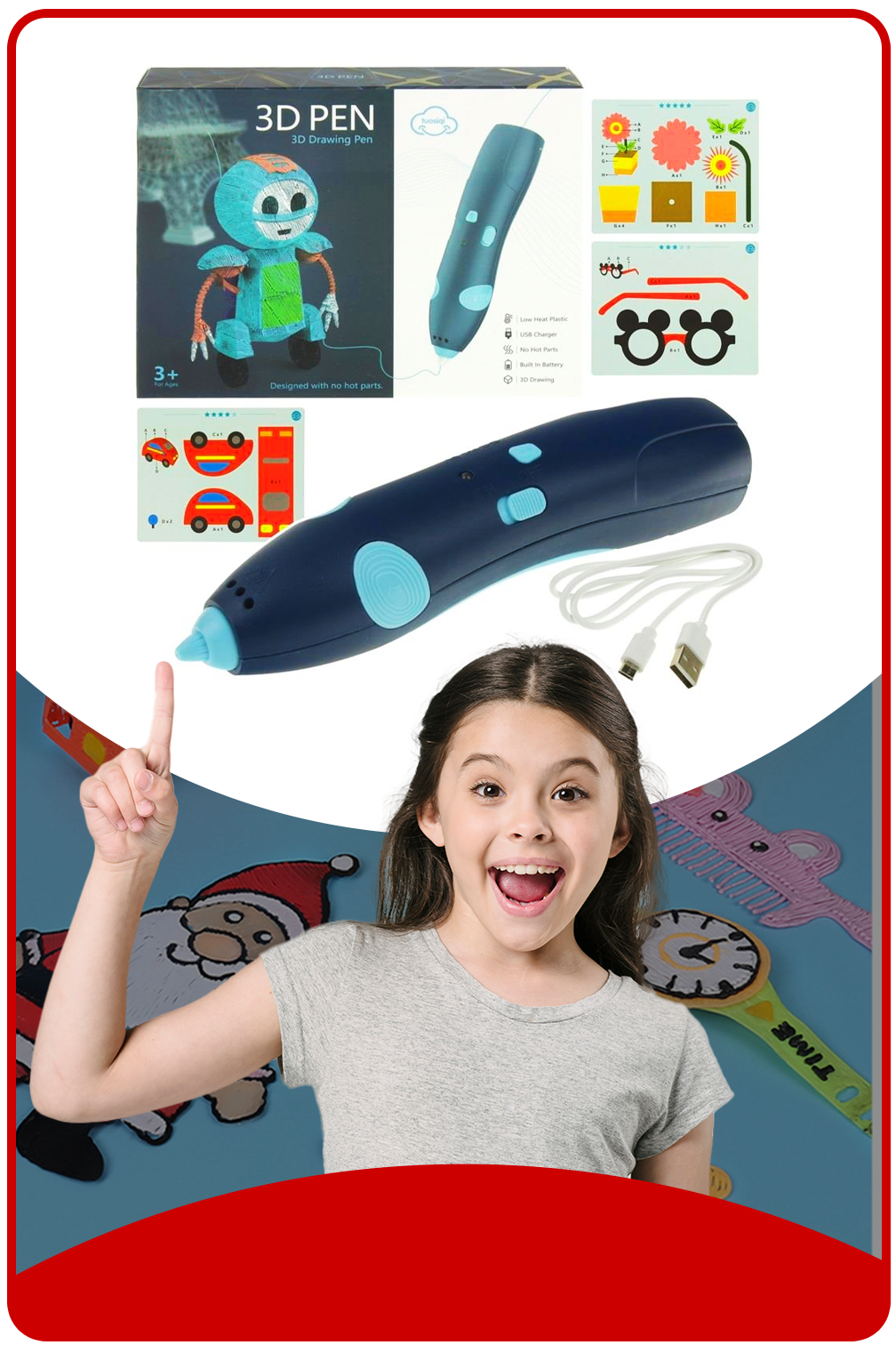 długopis drukarka 3d pen bezpieczny zestaw + wzory niebieski