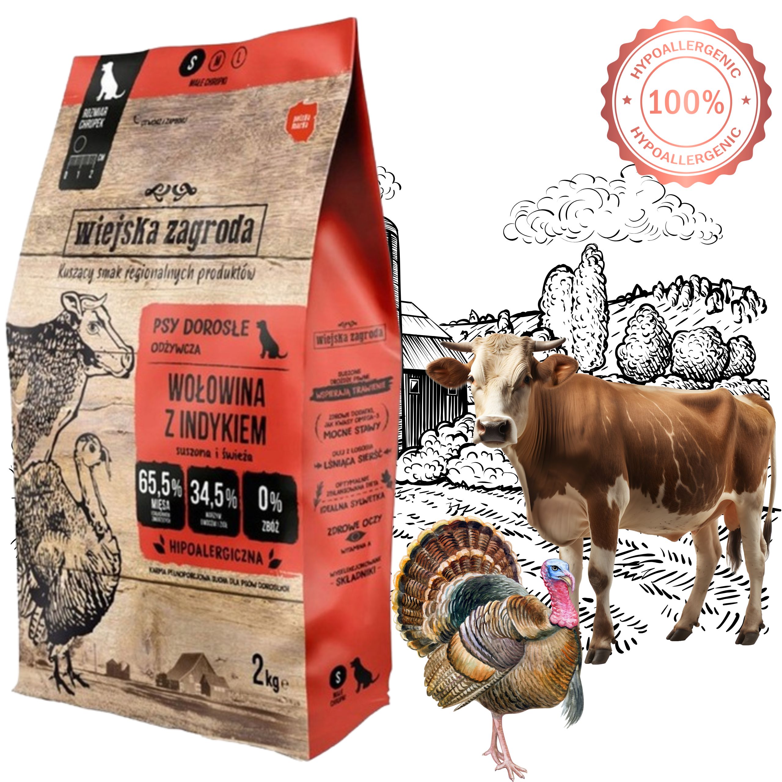 sucha karma dla psa wiejska zagroda wołowina z indykiem chrupki s 2 kg