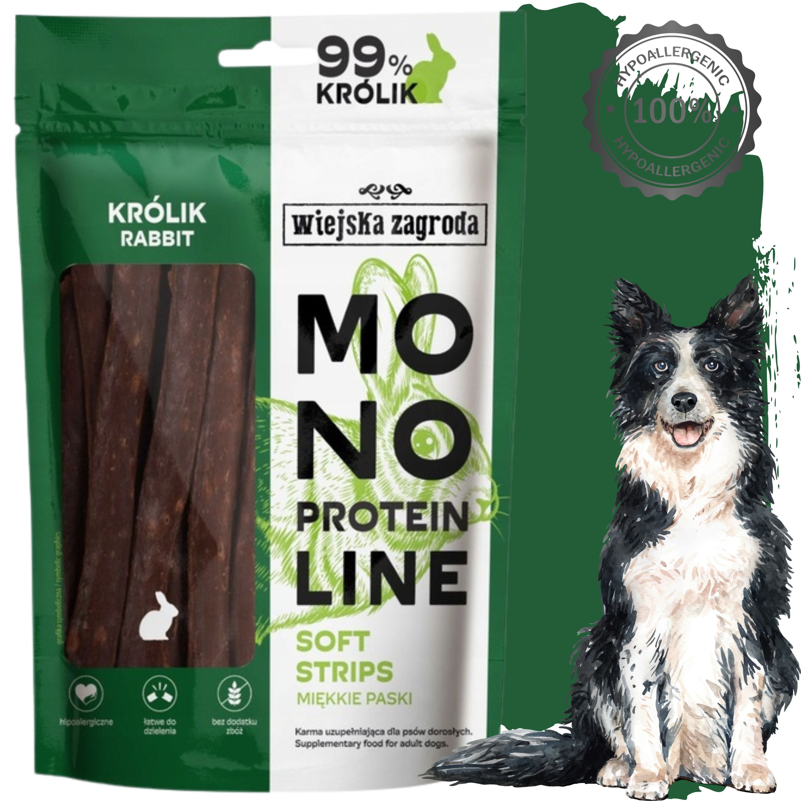 przysmaki dla psa królik monoproteinowe miękkie paski wiejska zagroda 100g
