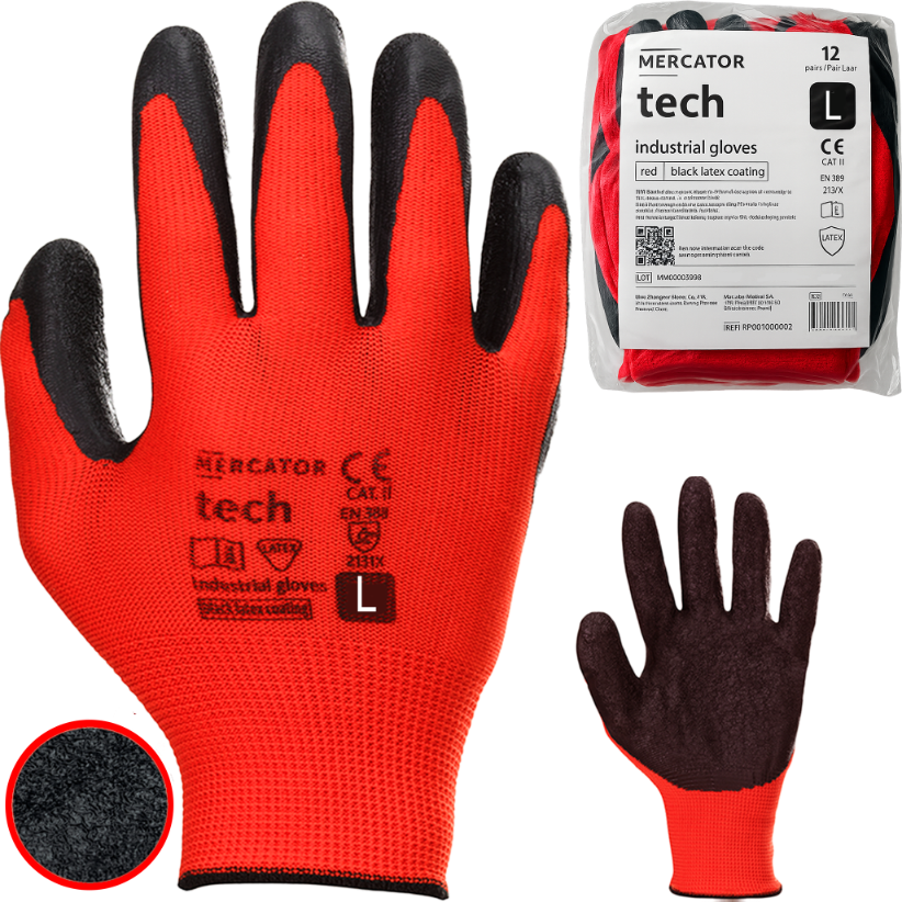 rękawice robocze mercator tech red+black latex - l - 12 par