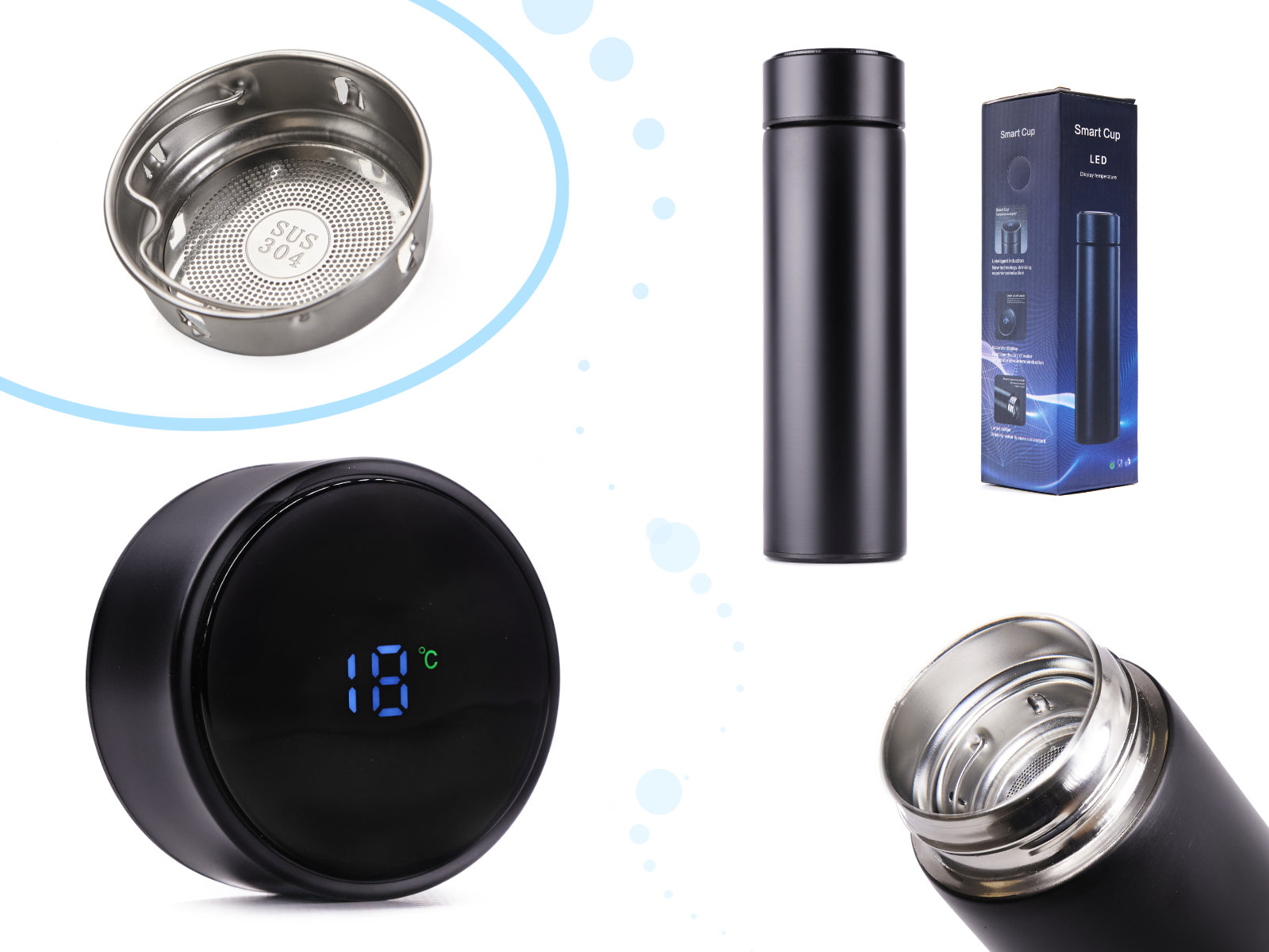 kubek termiczny termos smart led 500ml czarny