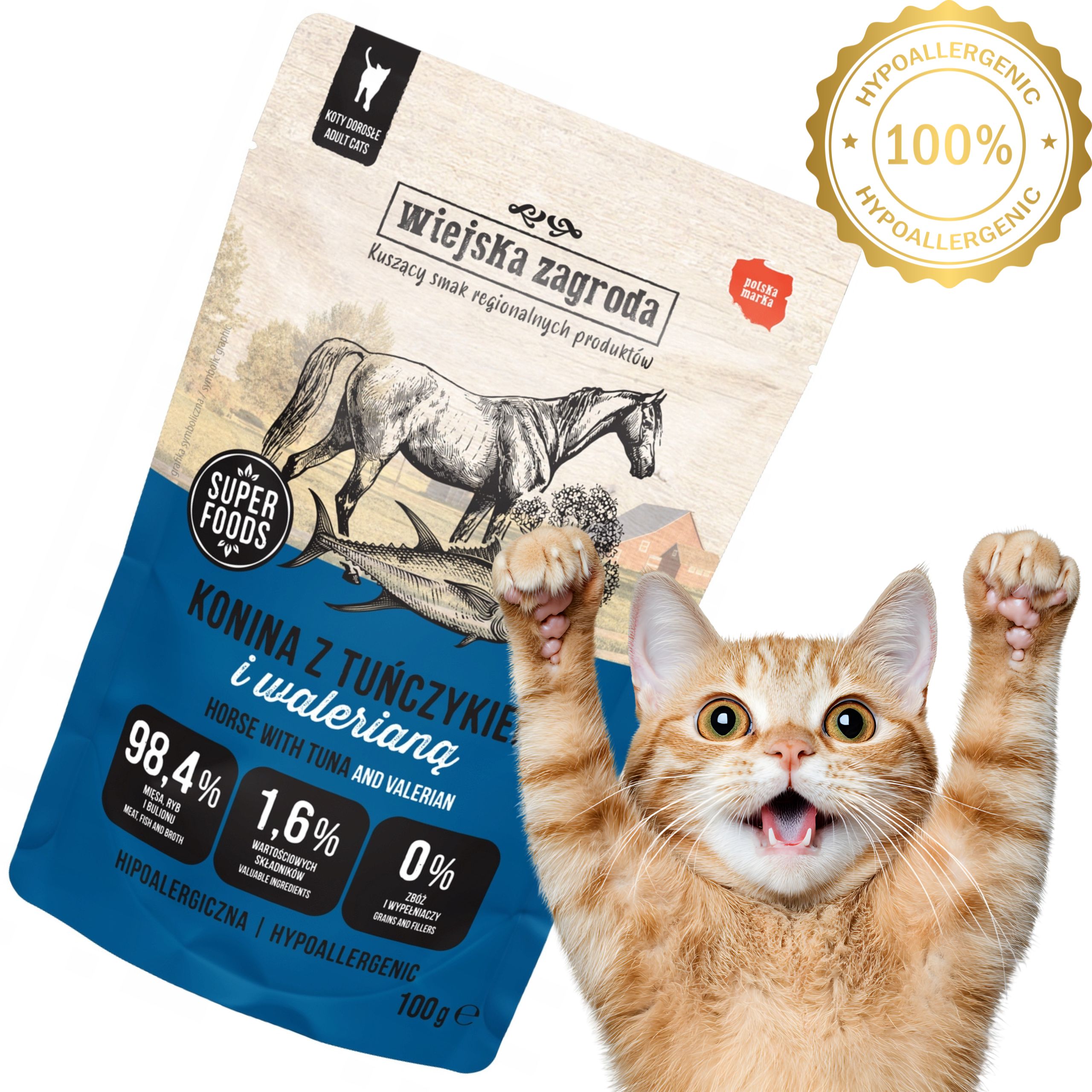 karma mokra dla kota konina z tuńczykiem i waleriana 100g wiejska zagroda