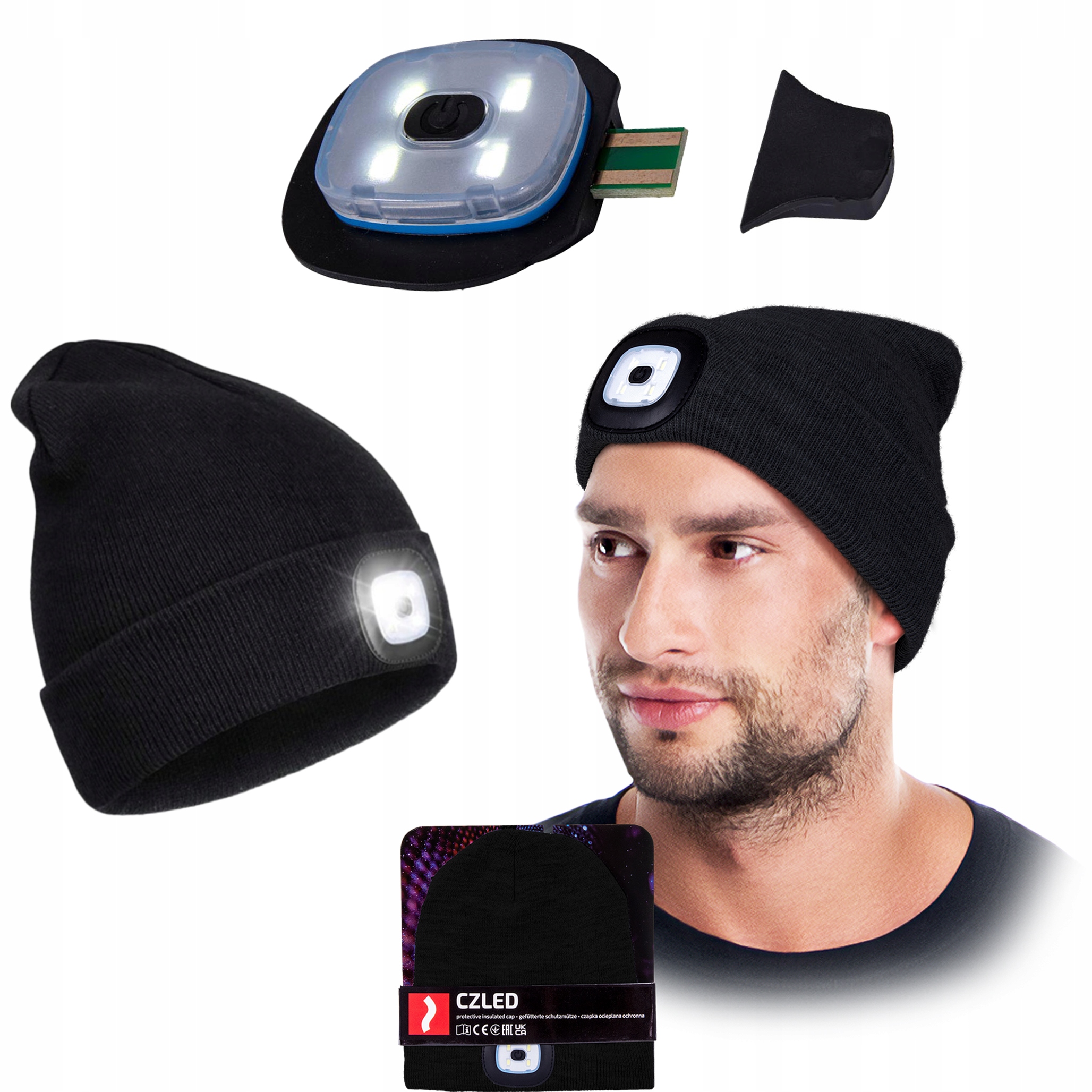czapka zimowa led z wymienną latarką reis czled_b
