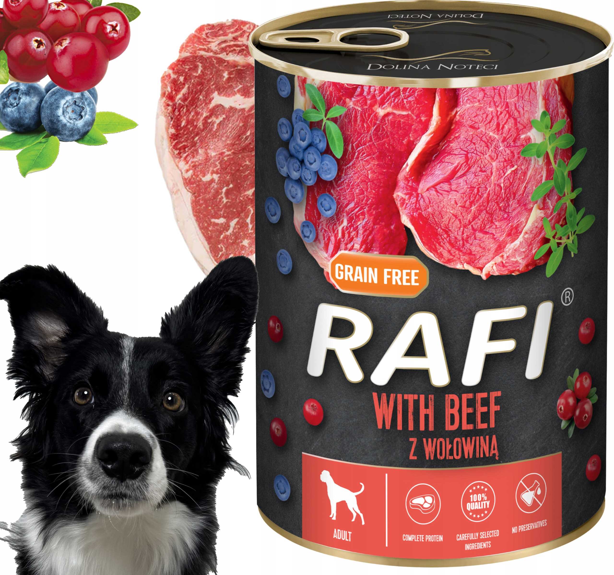 karma mokra dla psów rafi z wołowiną, borówką i żurawiną 400g - 1 szt.