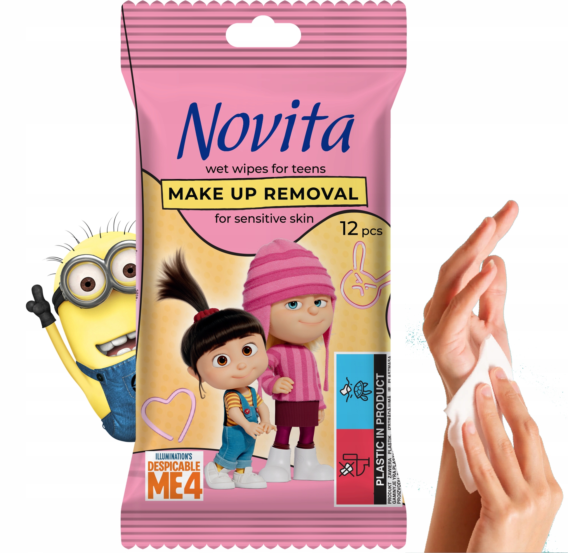 novita minionki chusteczki nawilżane do demakijażu dla nastolatków, 12 szt.