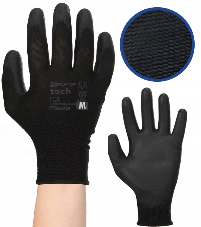 rękawice robocze mercator tech black+black pu - m - 1 para