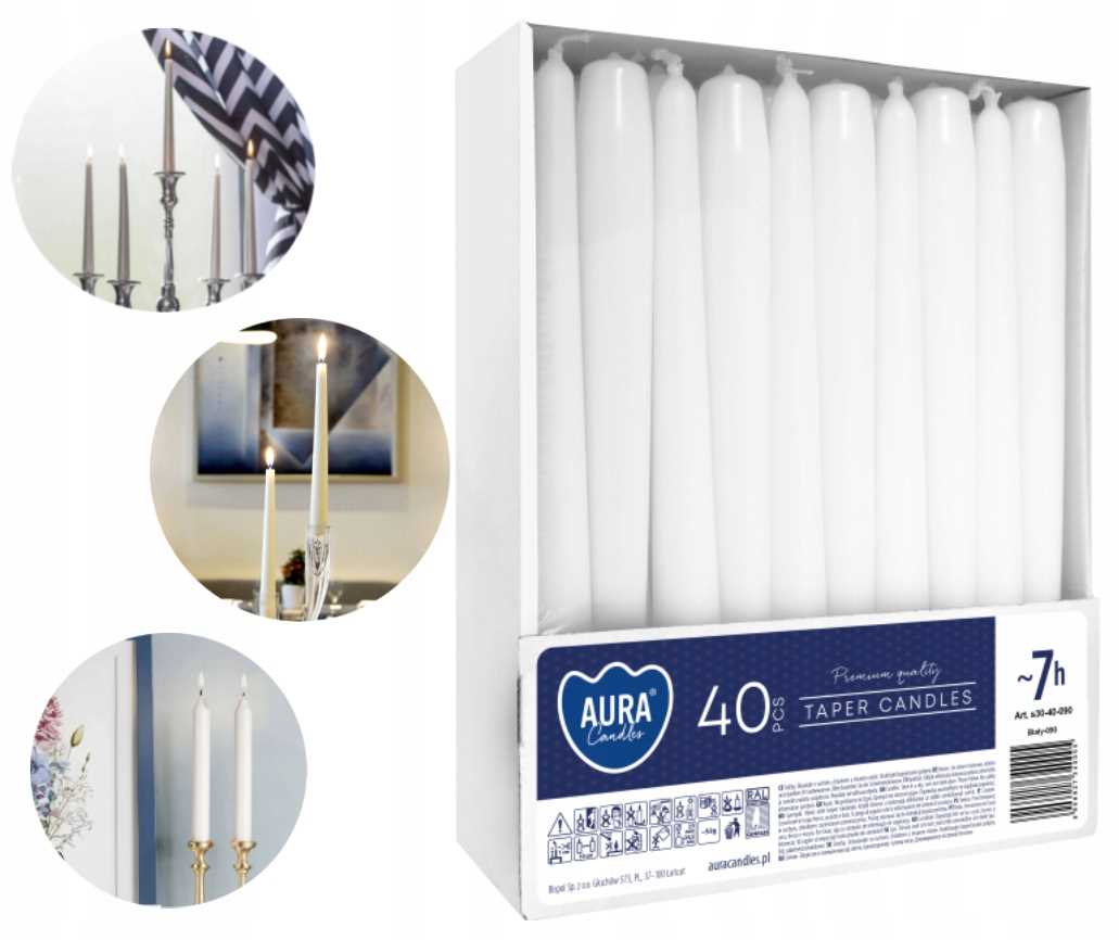 aura świece stołowe stożkowe białe 40 szt. s30-40-090
