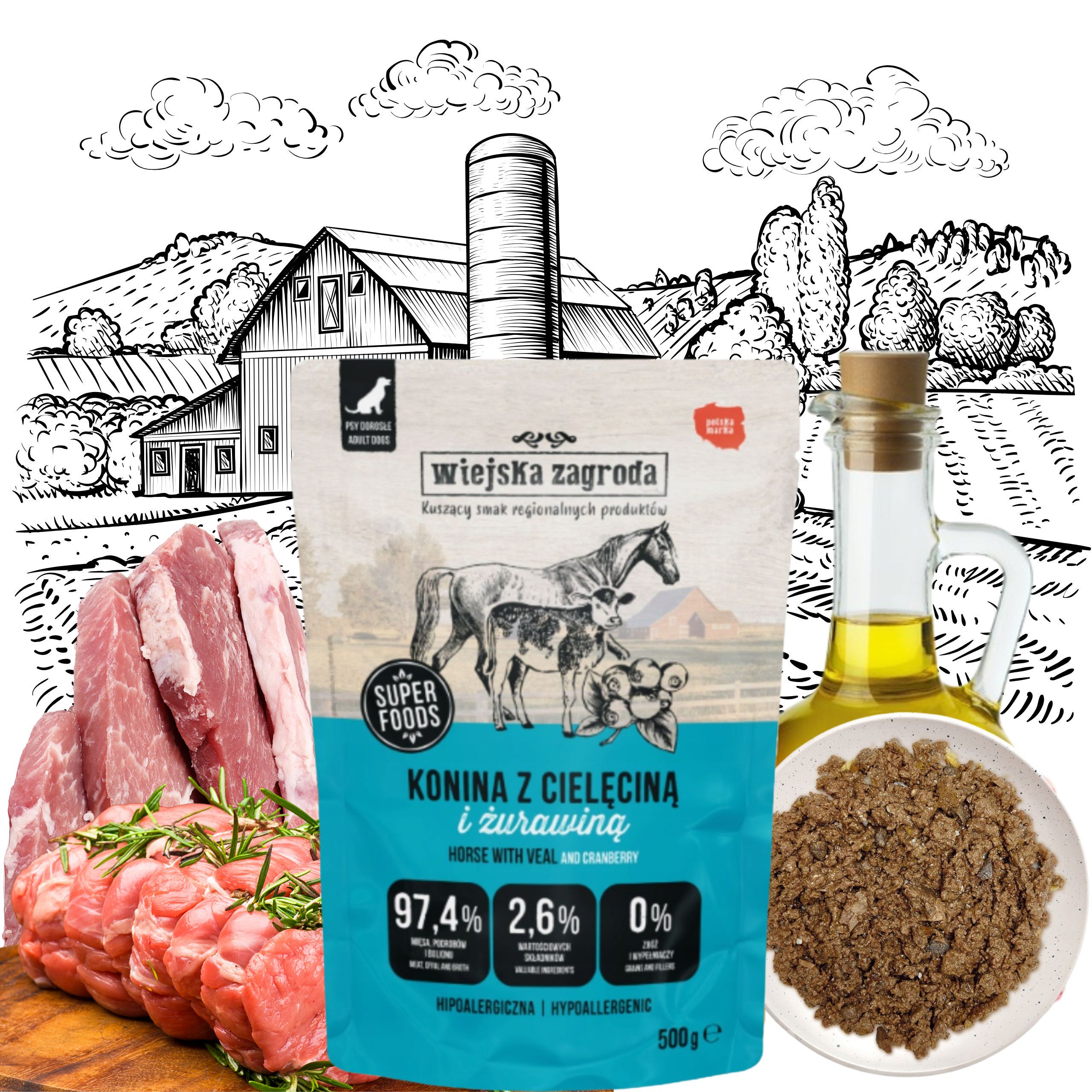 mokra karma dla psa wiejska zagroda konina z cielęciną 500 g hipoalergiczna