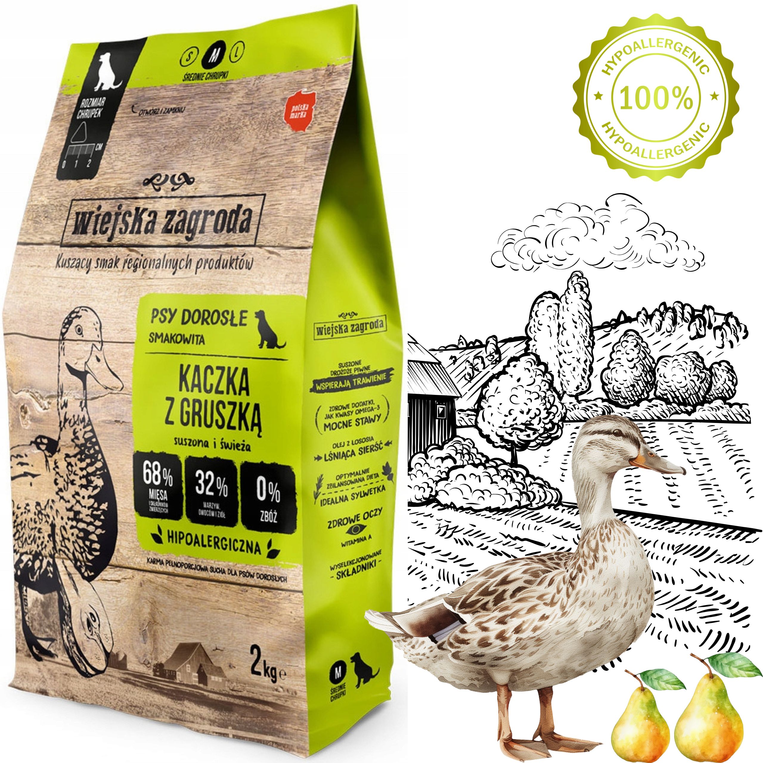 sucha karma dla psa kaczka z gruszką m 2kg wiejska zagroda hipoalergiczna