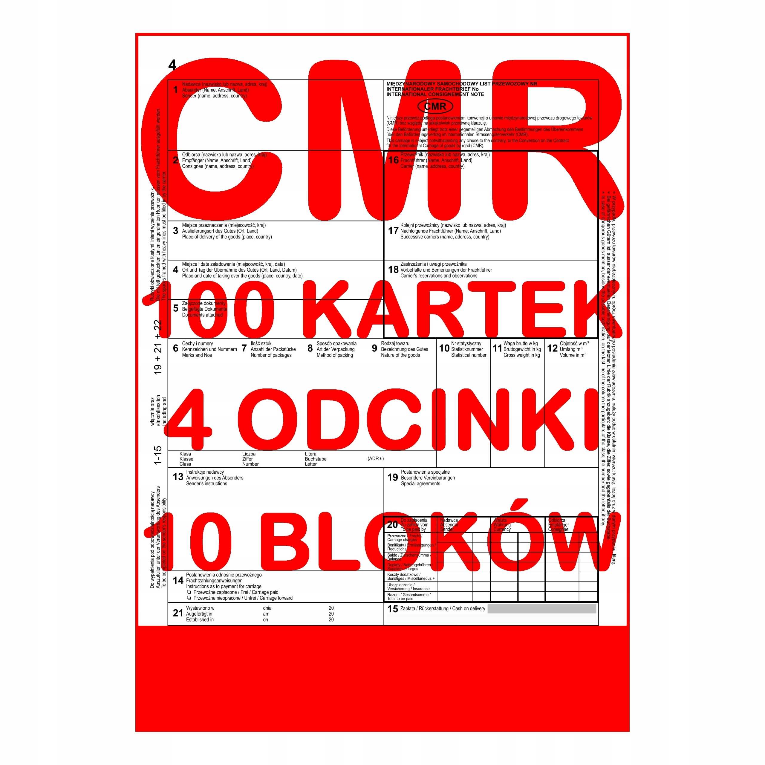 cmr list przewozowy 100 kartek - 4 odcinki - 25 kompletów - 10 szt.