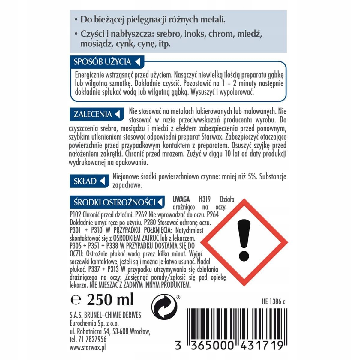 METALE CZYSZCZENIE I NABŁYSZCZANIE 250ML STARWAX