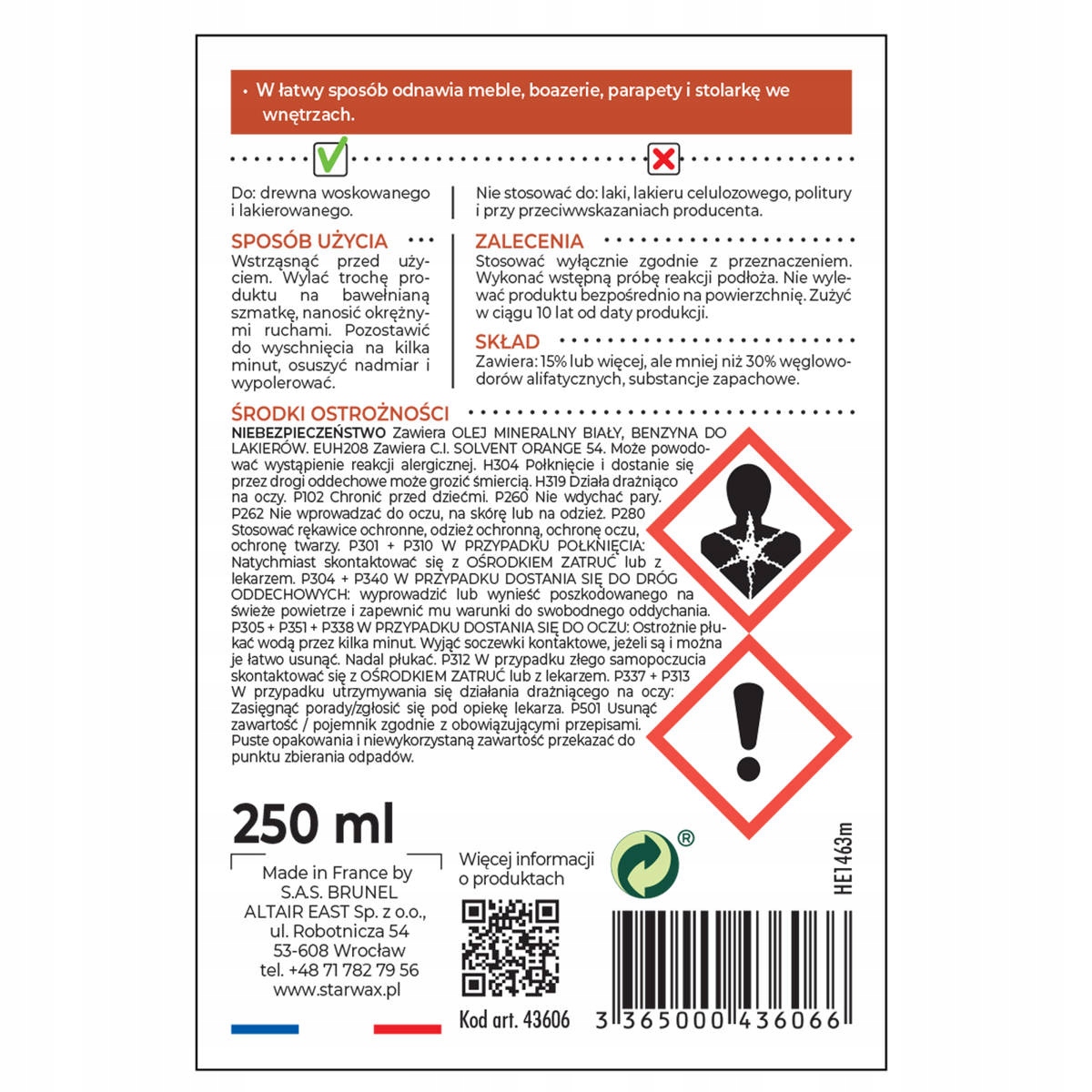 Starwax ODNAWIACZ DO MEBLI DREWNO JASNE 250 ML