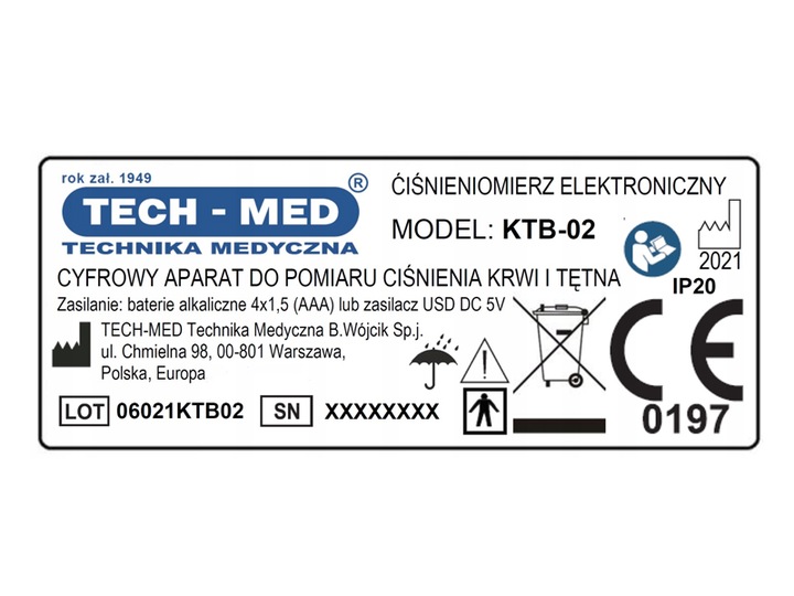 CIŚNIENIOMIERZ NARAMIENNY ARYTMIA PAMIĘĆ 2x99 ZASILACZ USB-C TECH-MED