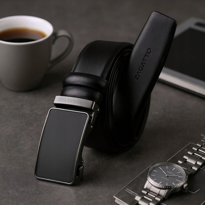 Pasek skórzany męski CZARNY automatyczny SZEROKI skóra naturalna